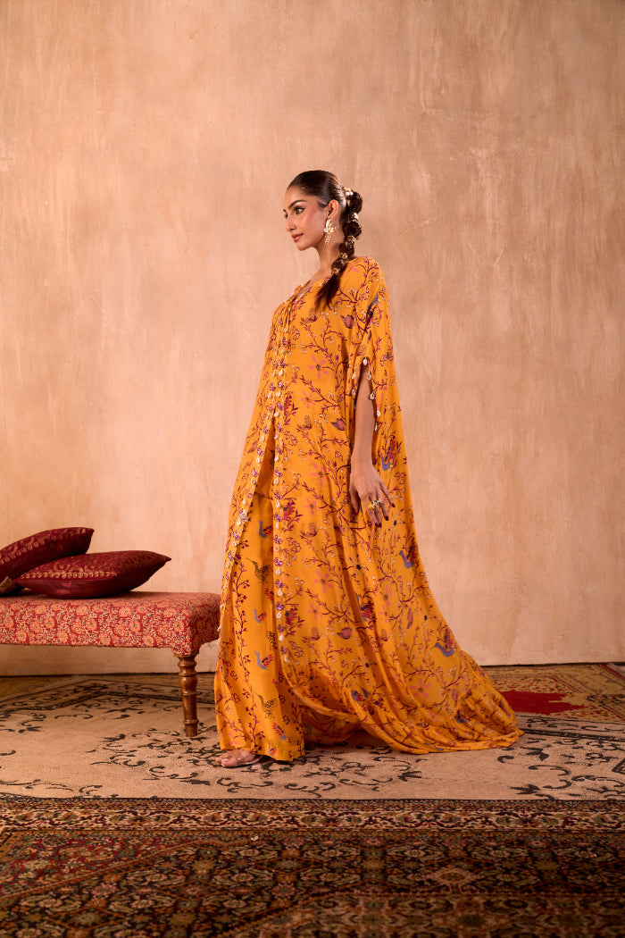 YELLOW PRINT EMBROIDERED LONG KAFTAN WITH PANTS SET - image 2