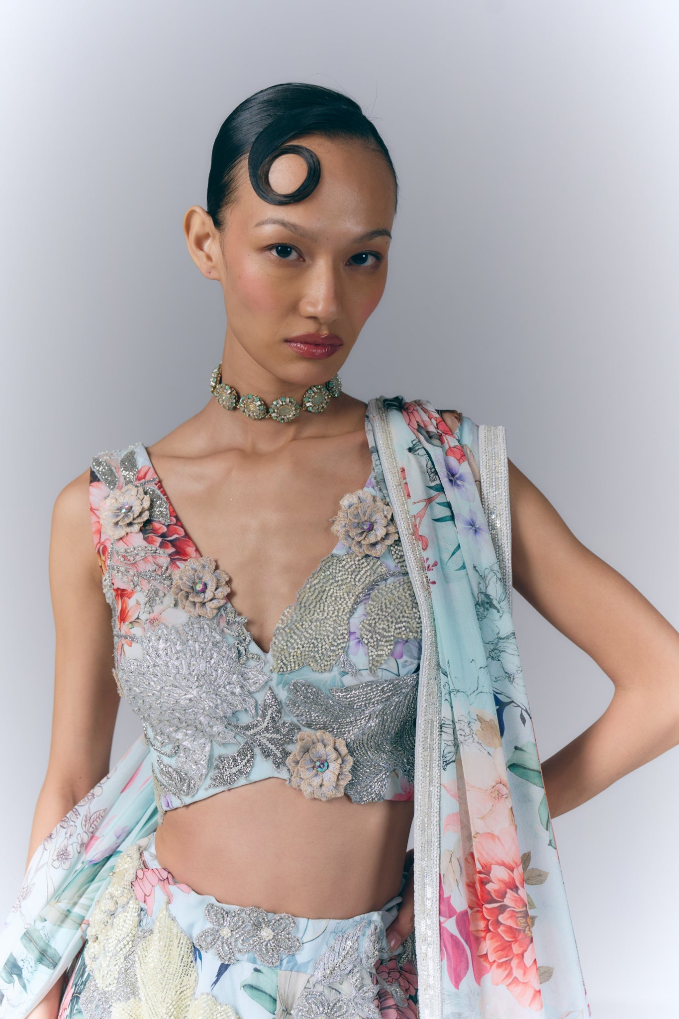 Ivory Aqua Bloom Lehenga Set