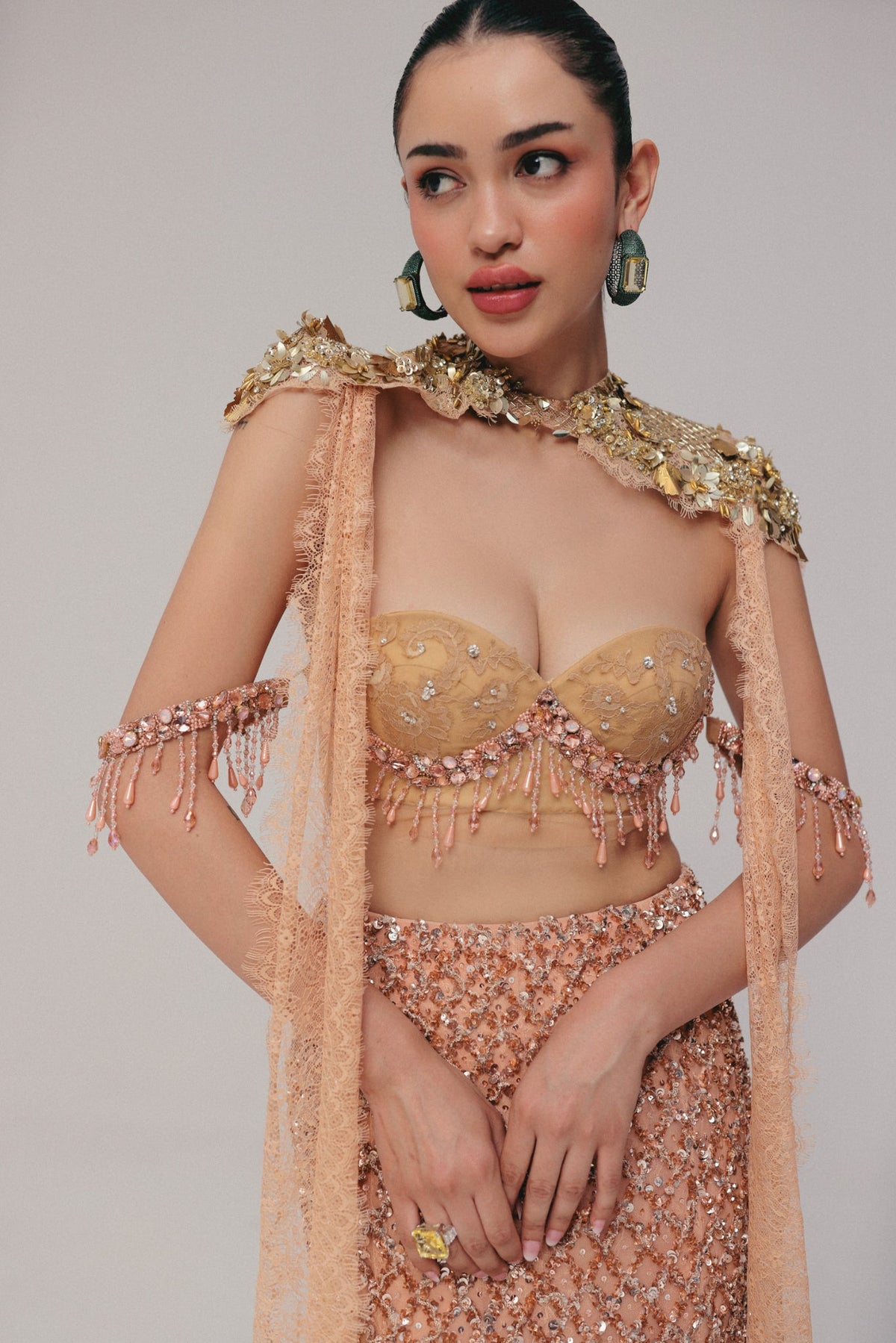Crystal & Zardosi Embroidery, Tulle & French Lace with Silk, Three Piece Set, Blouse and Flared Skirt Silhouette
