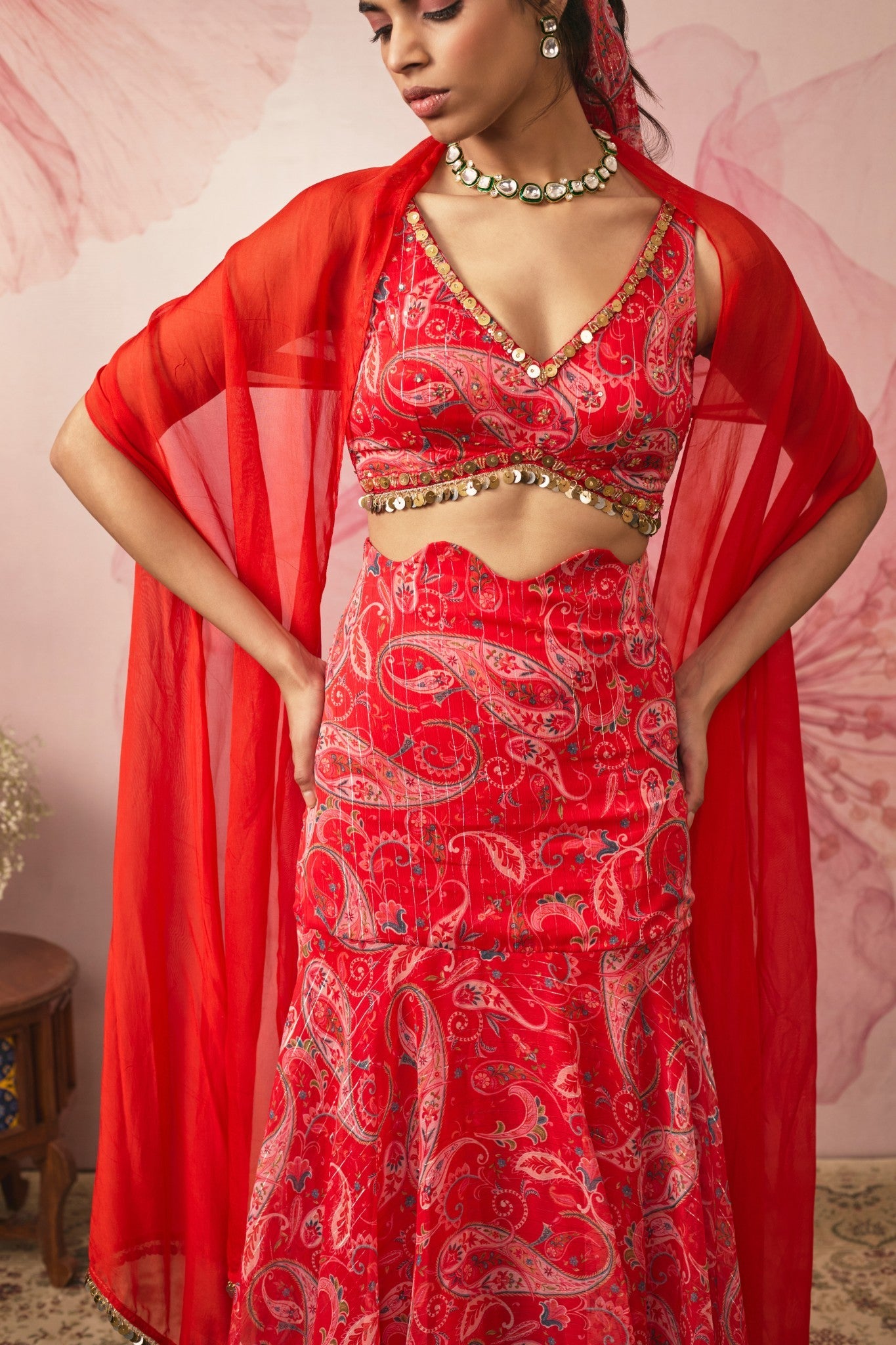 RED PAISLEY PRINTED FISH CUT LEHENGA SET