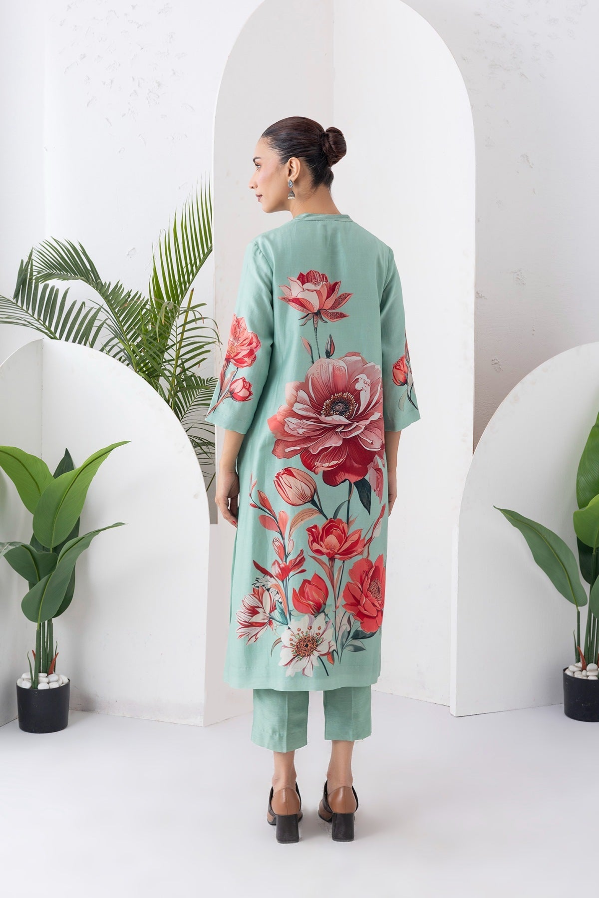 Mint Green Silk Chanderi Bloom-Inspired Printed Tunic Set (2 PCS)