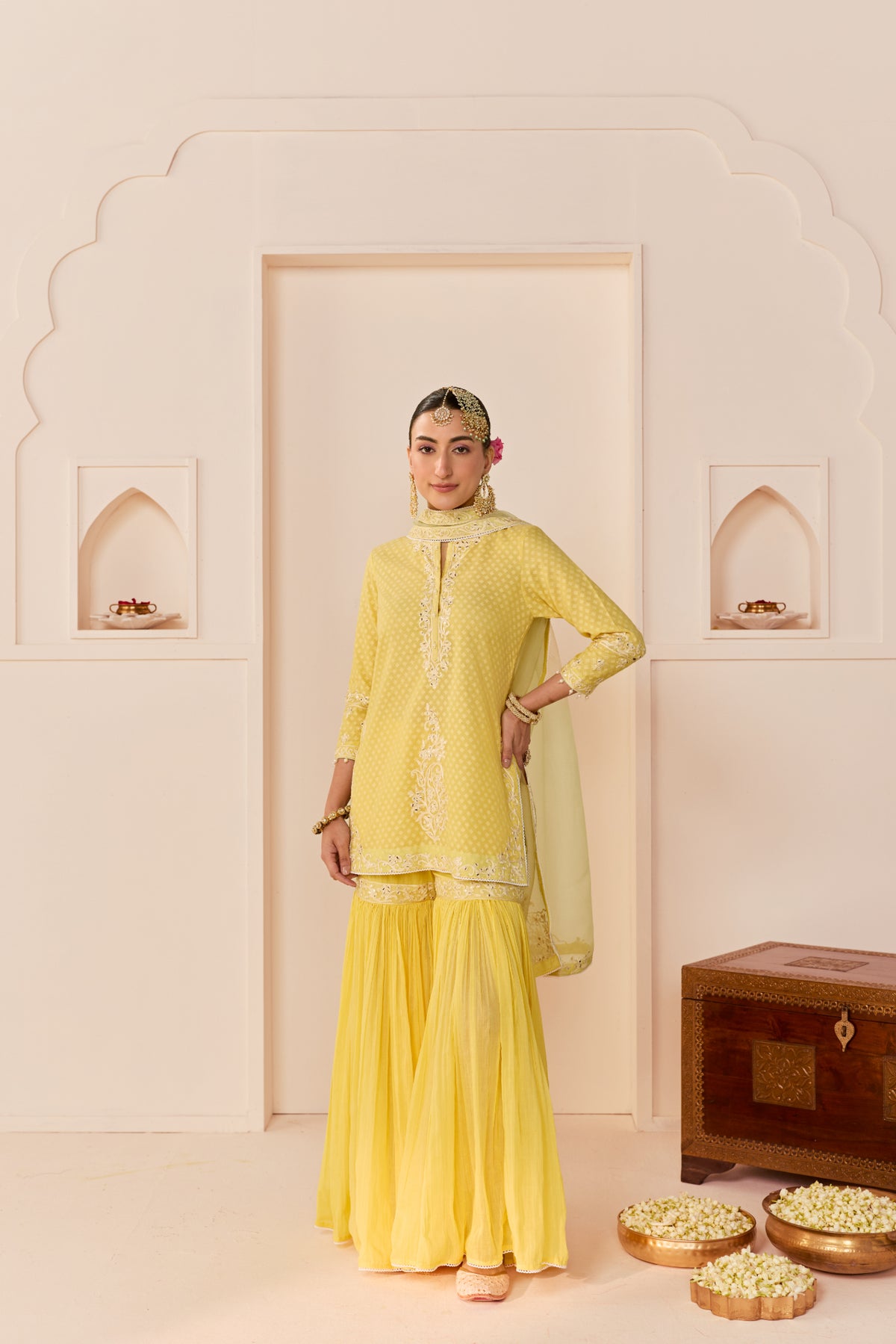 Lemon Yellow Short Kurta Garara Set with Silk Organza Dupatta