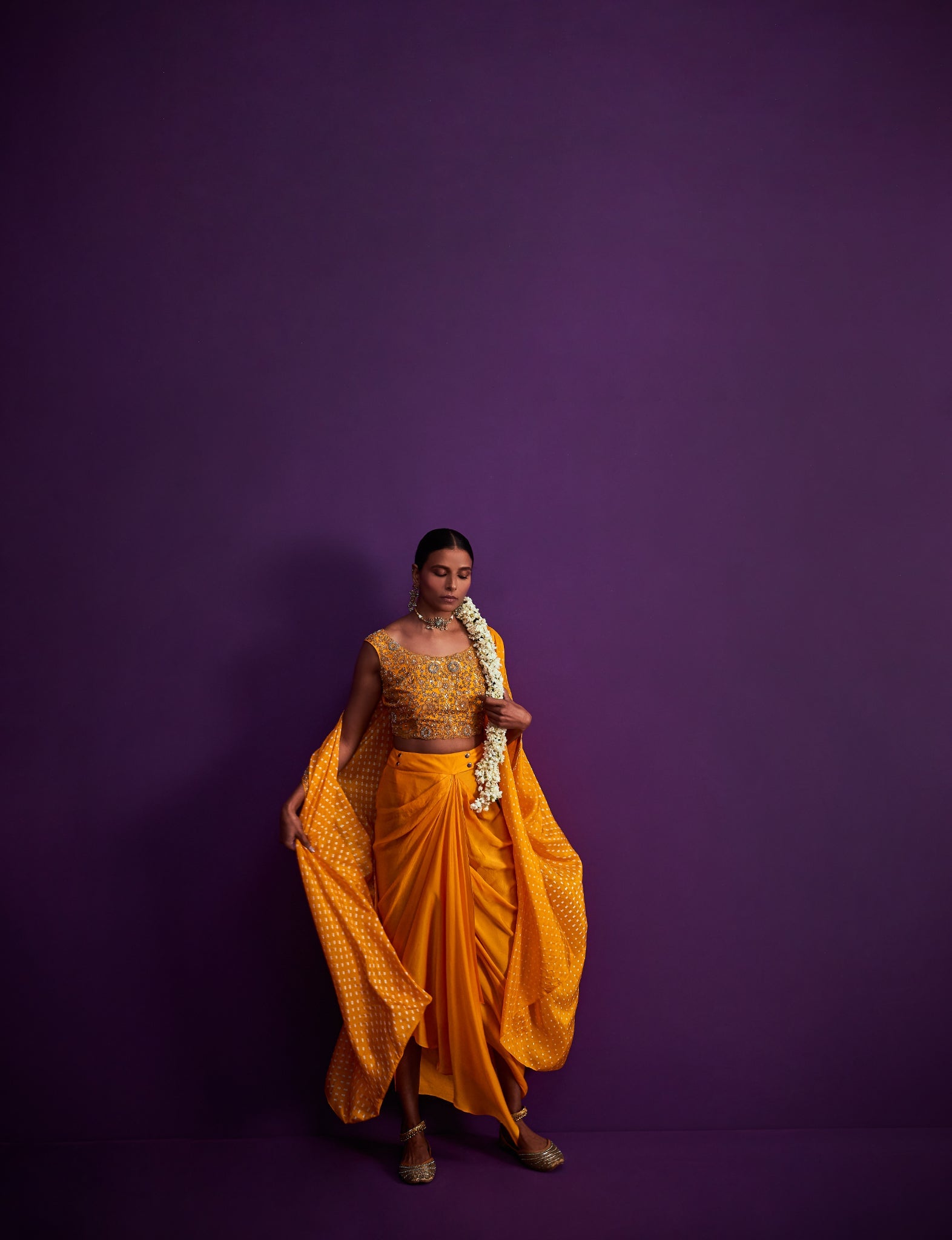 Bandhani Cape Set With Heavily Embroidered Crop Top