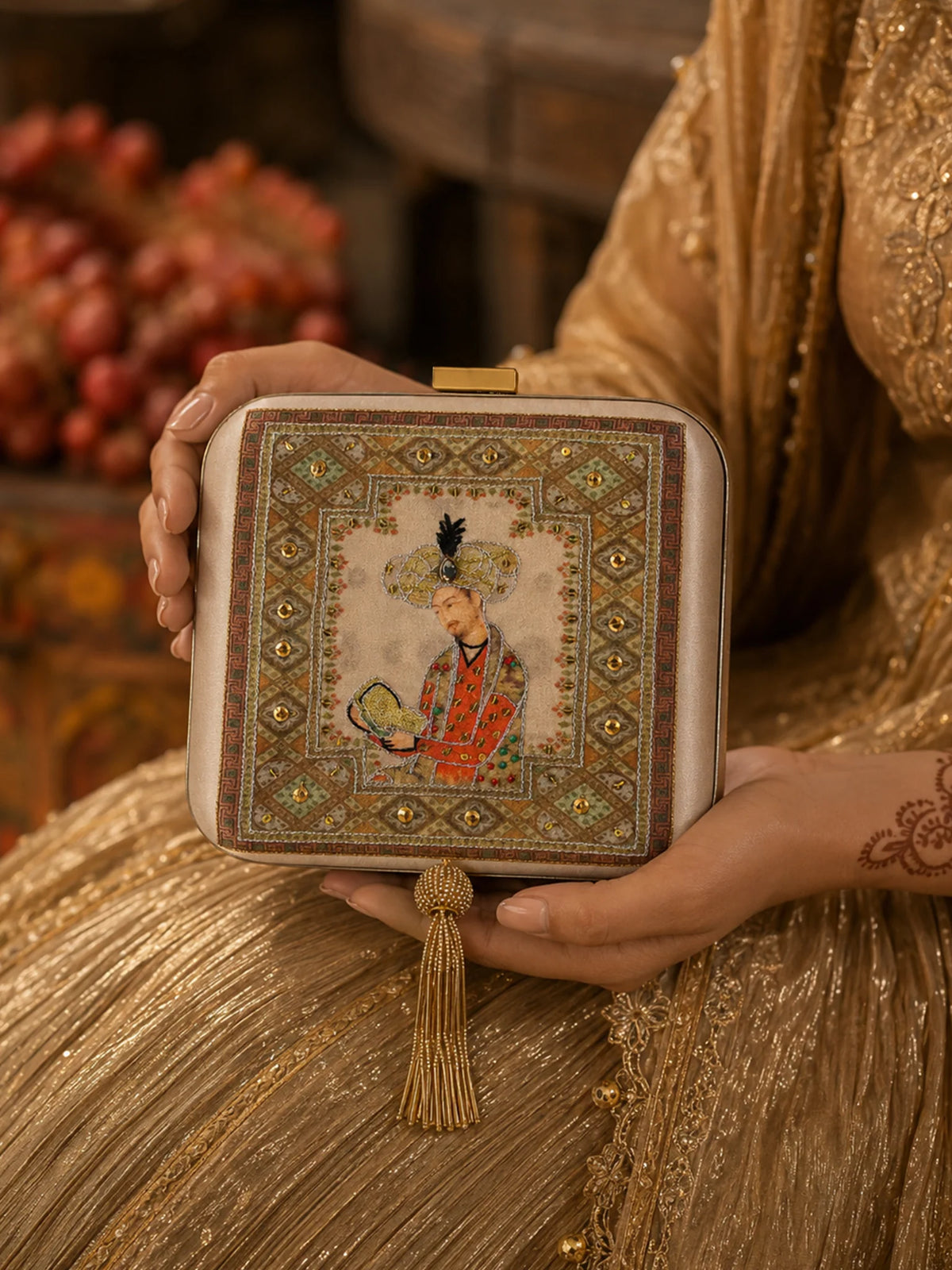 Mughal Court Emperor Miniature Art Clutch Bag with Gold Embellishment