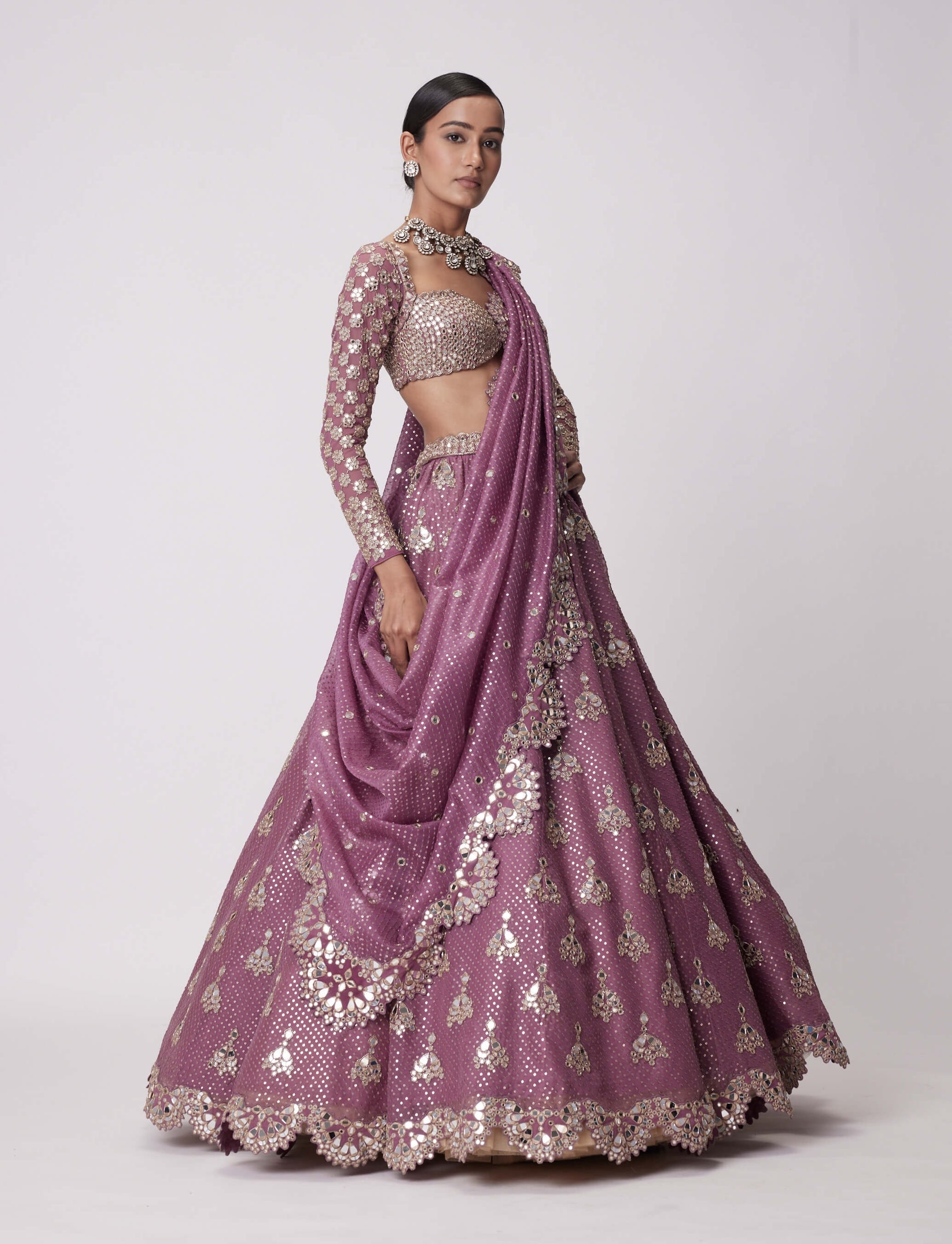 MUD  MAUVE SEQUIN AND FLOWER EMBROIDERED LEHENGA SET