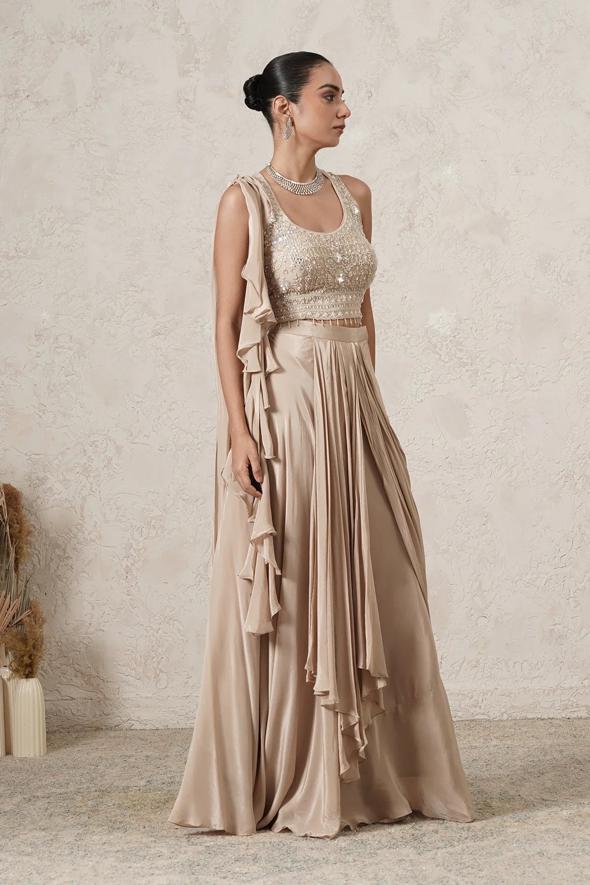 Lehar Ruffle Pre-Draped Saree with Sequin Blouse | Beige  | Women | THETAA