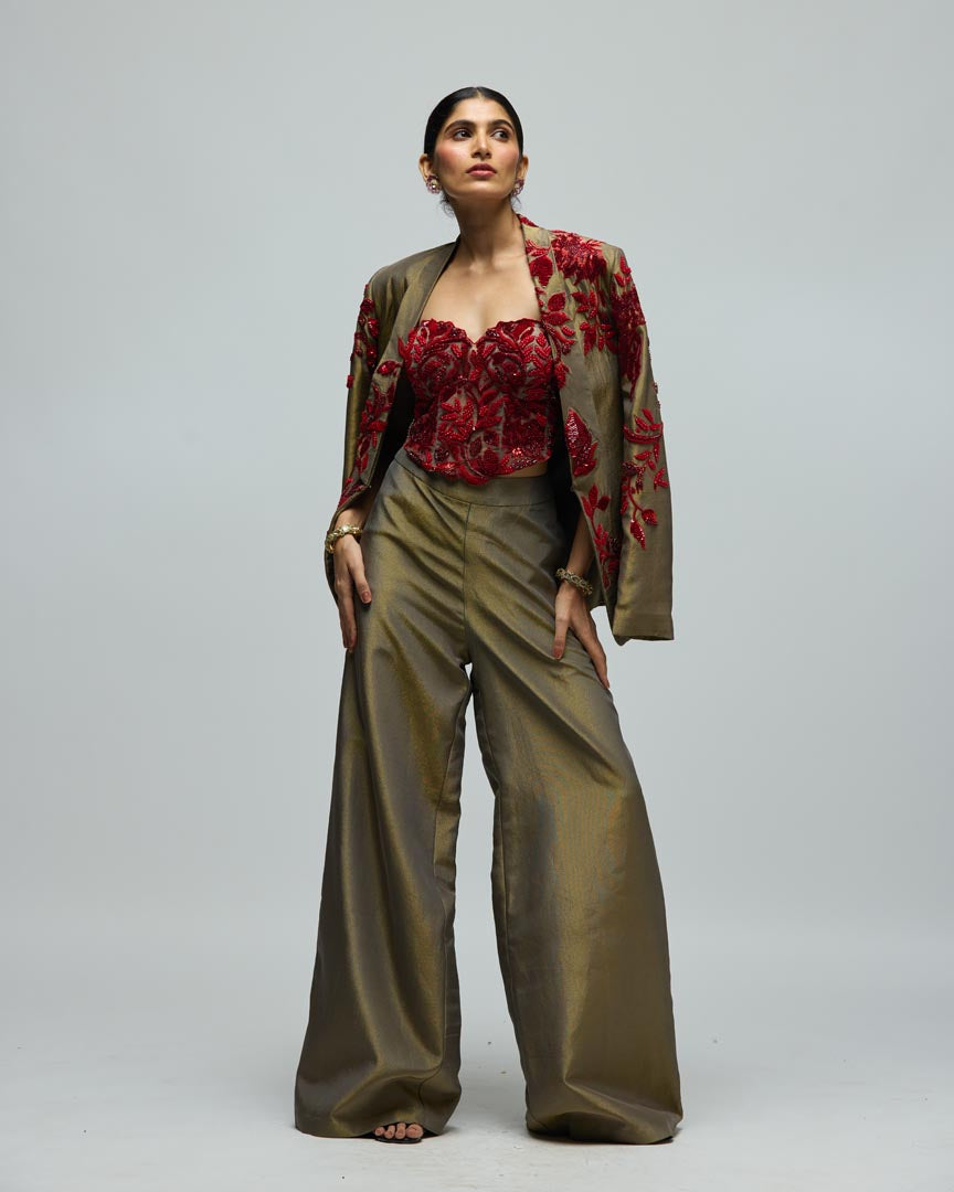 Red Stone Embellished Viscose Satin Jacket Set for Festive Glam