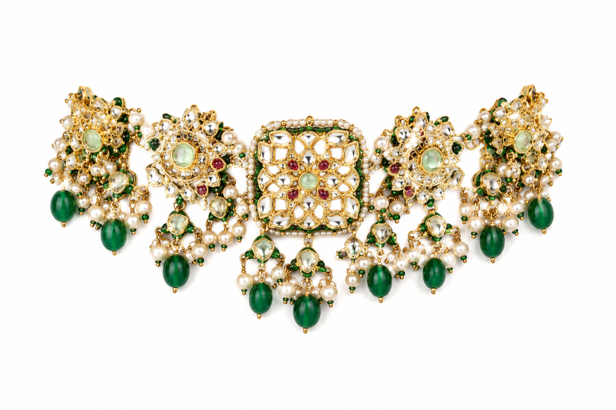 Navratna Jaipuri Kundan Choker Set with Statement earring