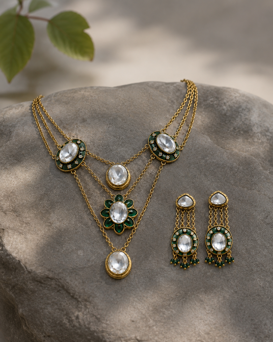 Emerald Kundan Layered Necklace Set with Drop Earring