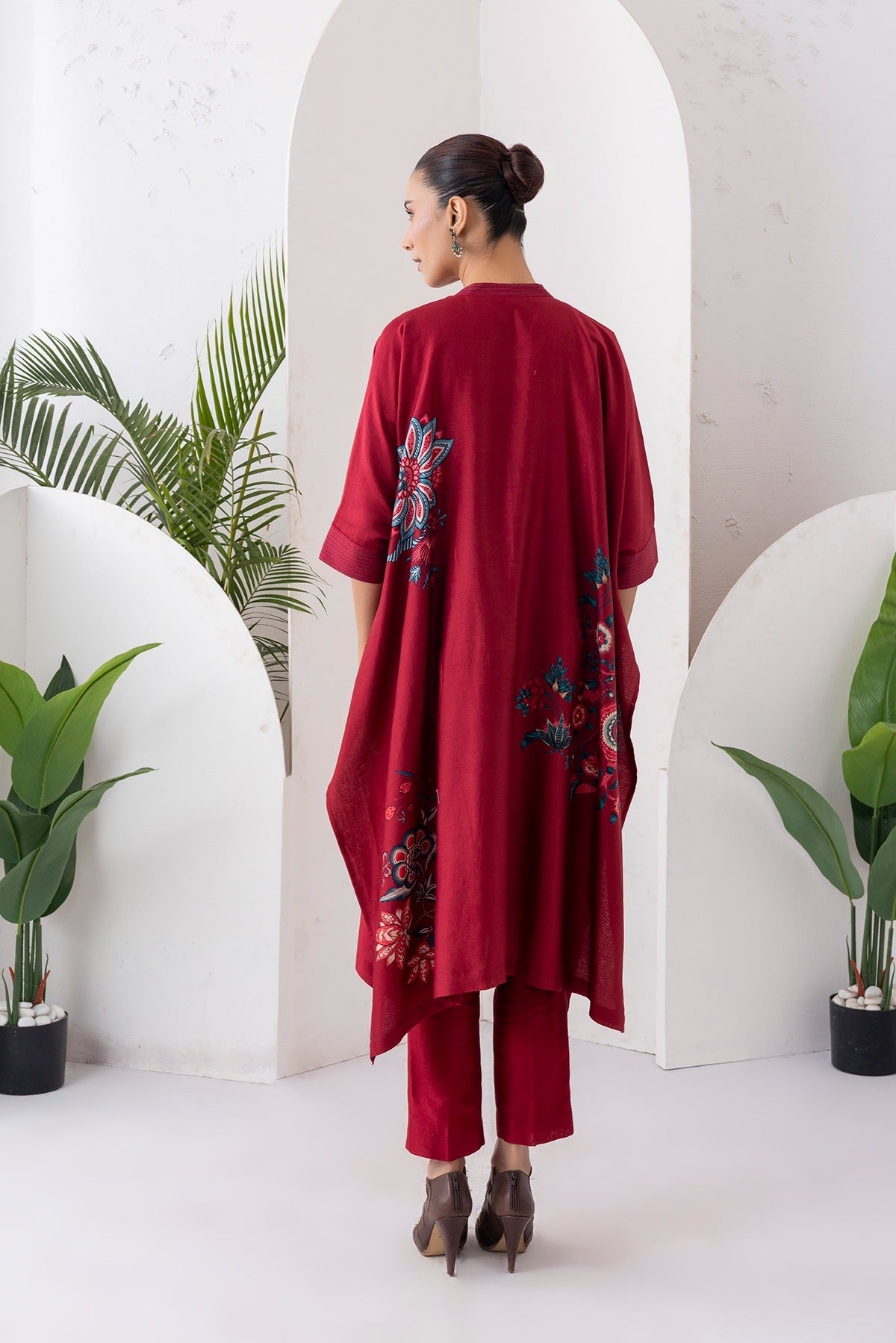 Maroon Silk Chanderi Printed Kaftan Style Dress Set (3 PCS)