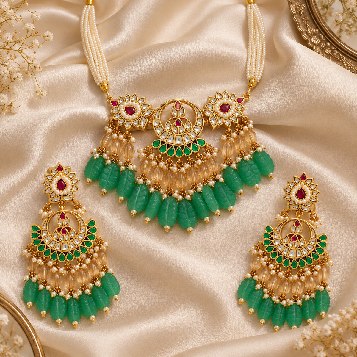 Green Kundan Carved Bead Necklace Set