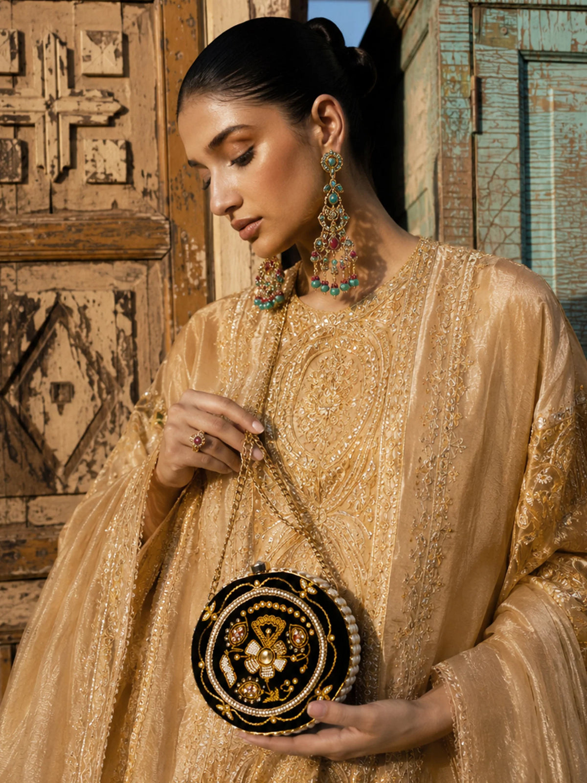 Black Zardozi Embroidered Round Clutch Bag with Gold & Pearl Detail