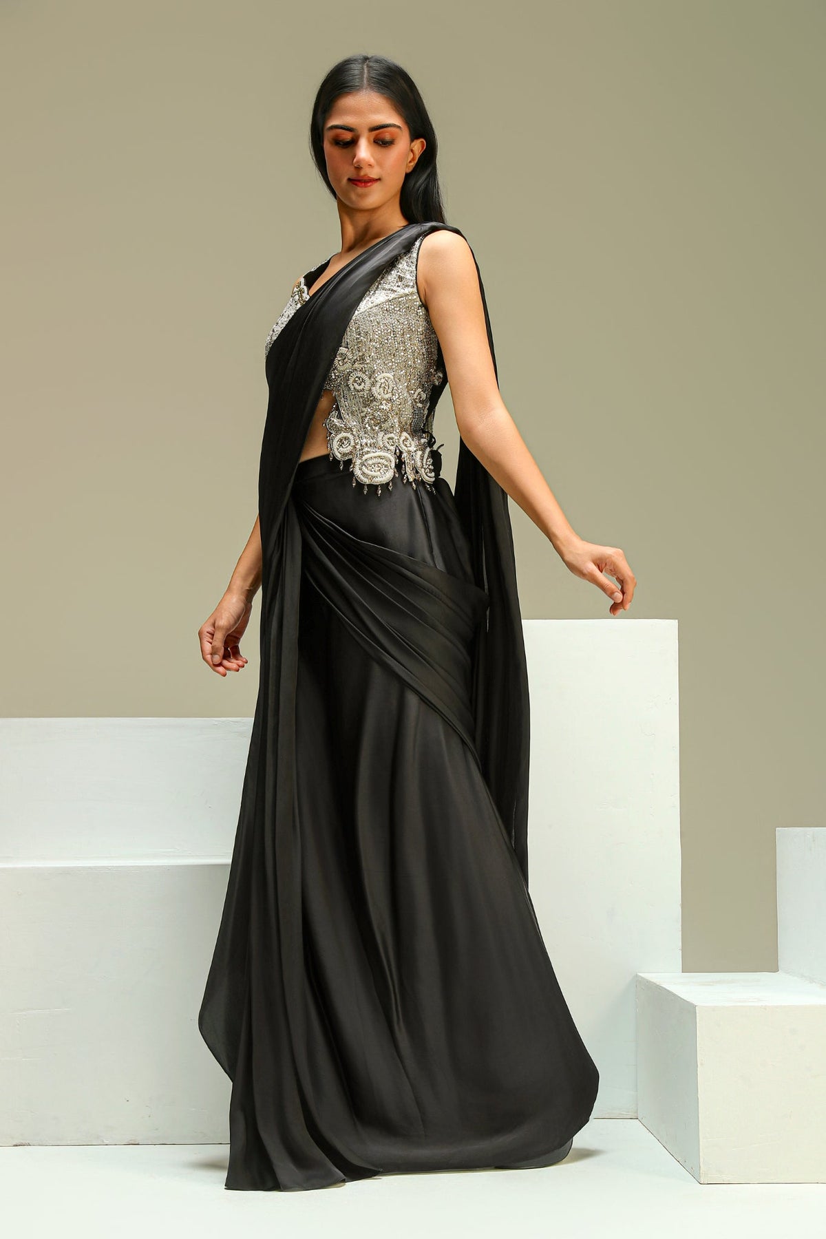 Black Satin Silk Embellished Drape Saree Set