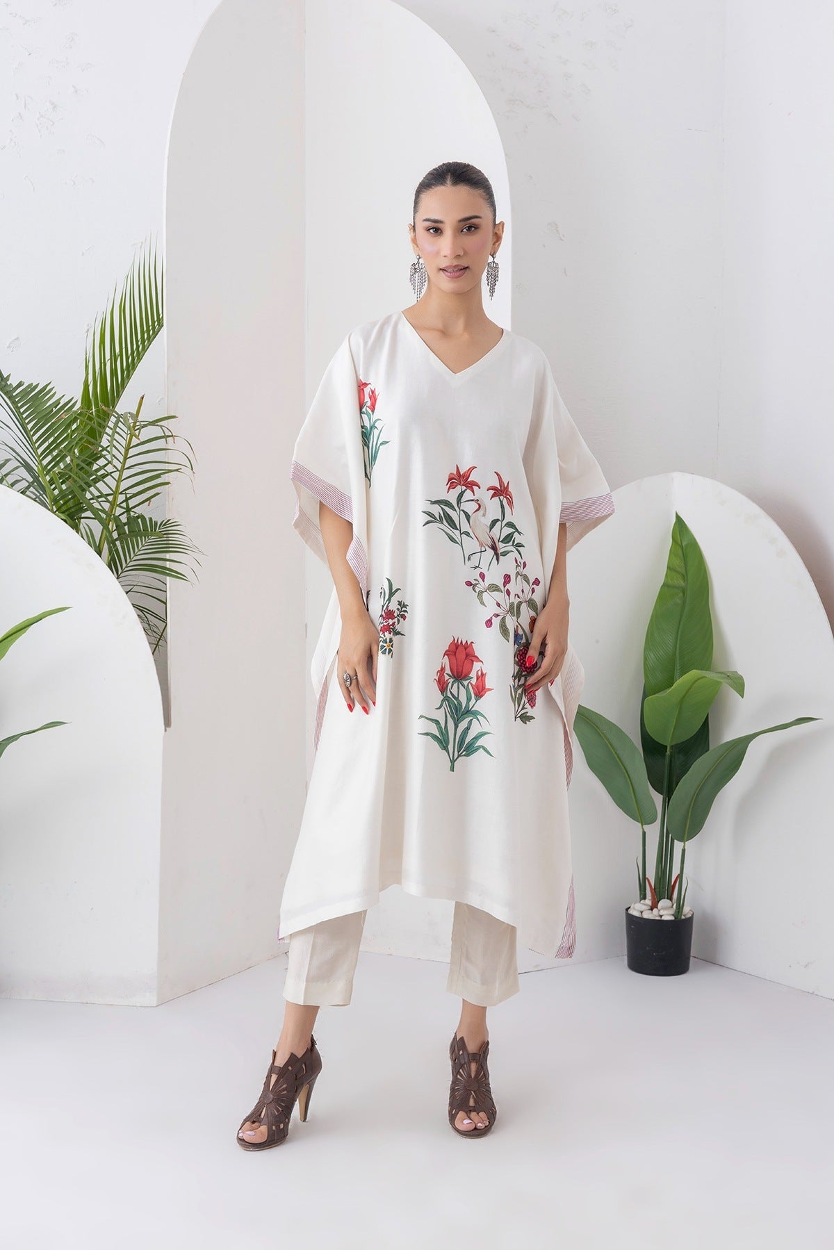 Ivory Silk Chanderi Floral Printed Kaftan Set (2 PCS)