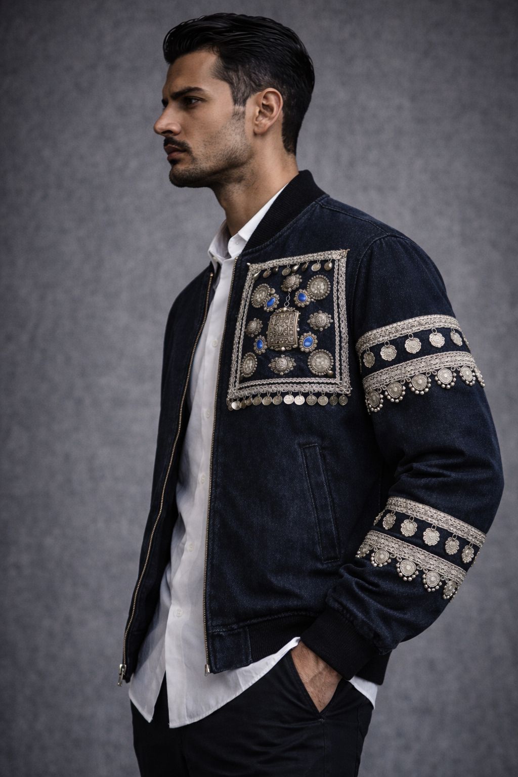 The Khyber Relic Bomber: Luxury Afghani-Inspired Embellished Jacket