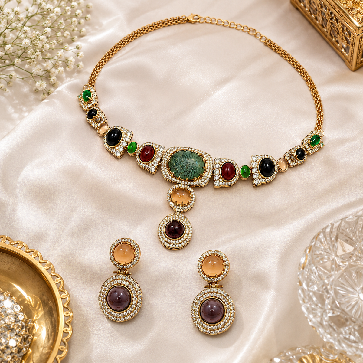 Multicolour Semi-Precious Stone Moissanite Necklace Set