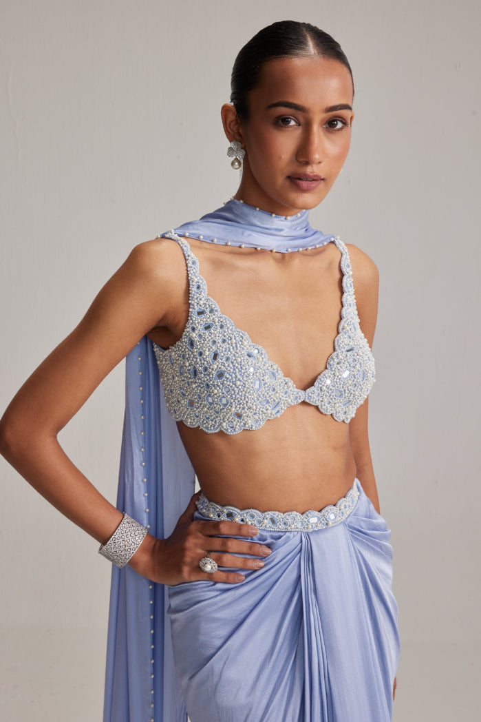 Dew Blue Satin Draped Skirt Set