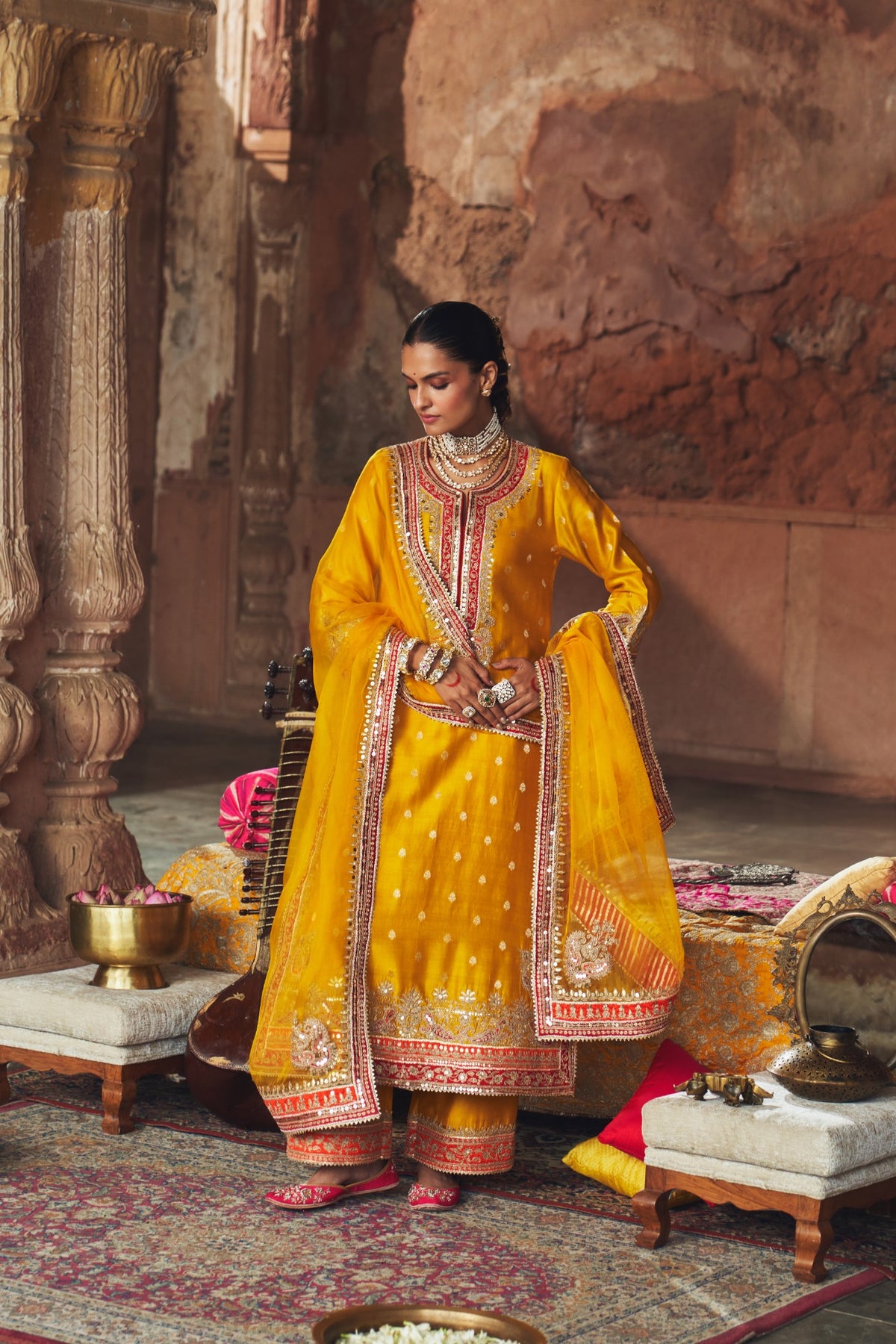 Mustard Long Kurta Set with Palazzo & Silk Organza Dupatta