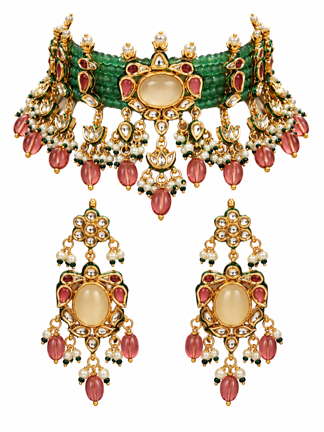 Kundan Beaded Choker with Drop Earrings