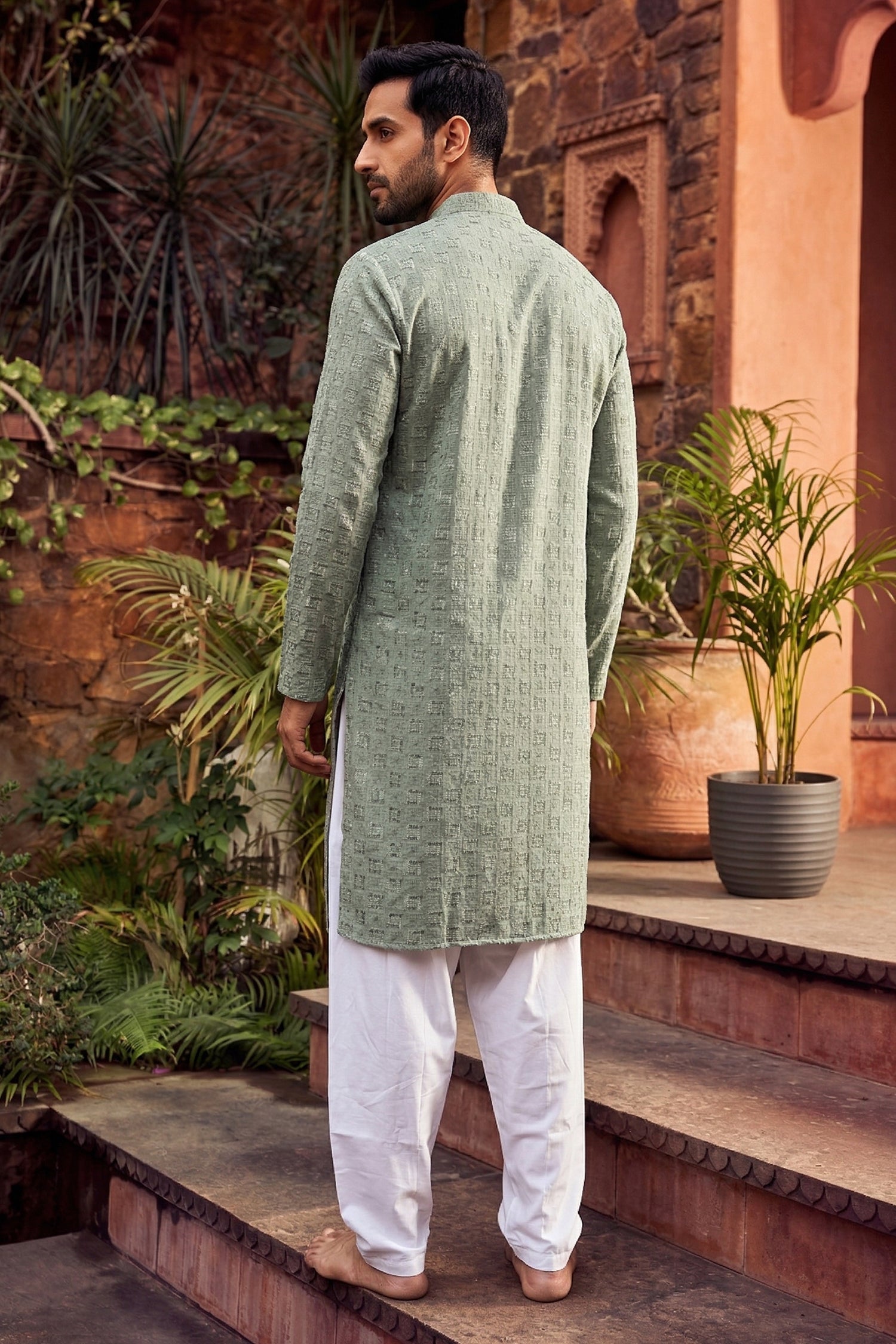 Men's Viscose Rayon Cream Designer Embroidery Work Kurta with payjama