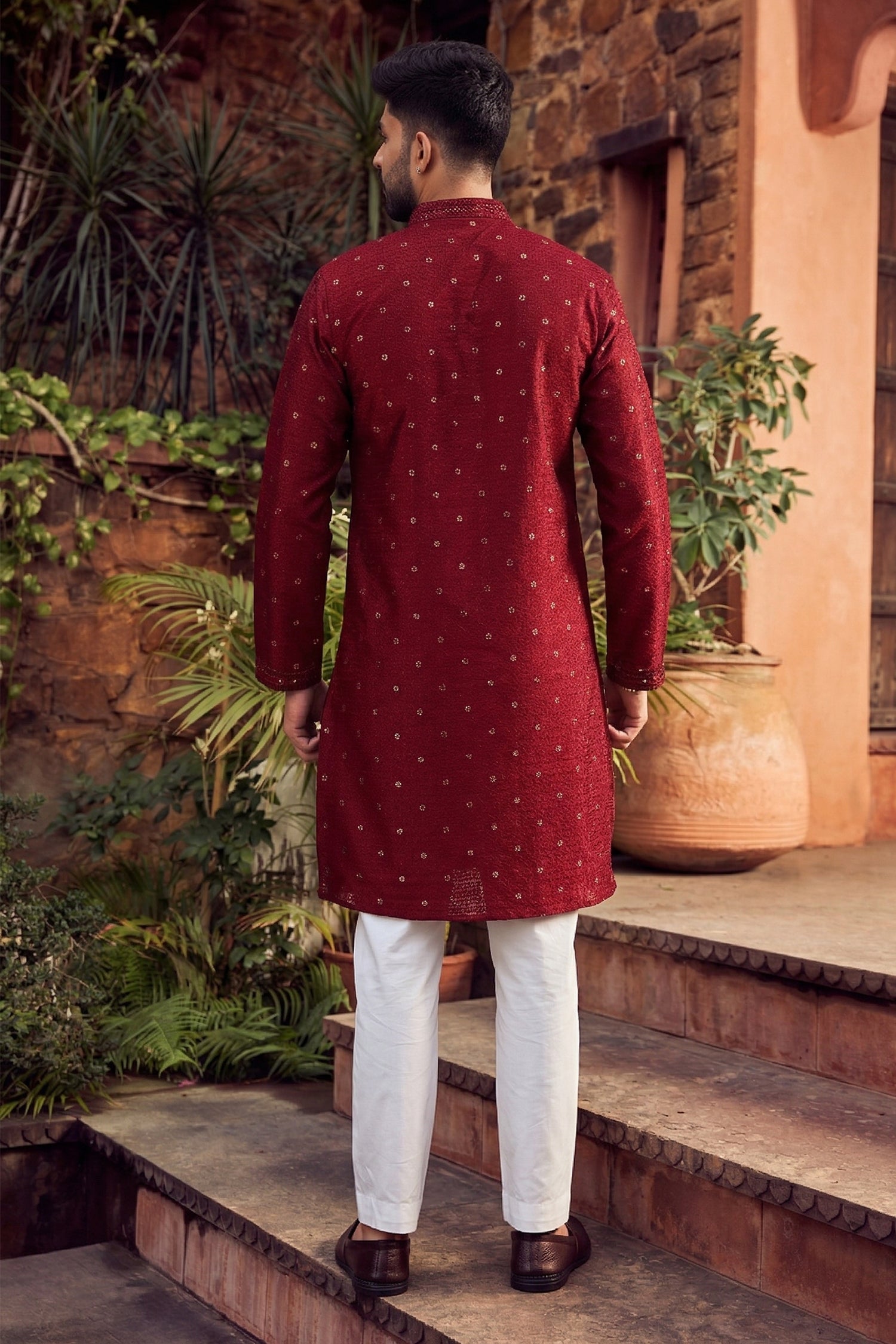 Men's Jacquard Silk Cream Designer Embroidery Work Kurta with payjama