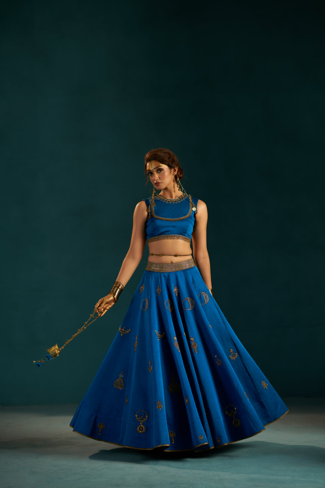 Rama Blue Linen Satin Lehenga set with Hand-Embellished embroidery