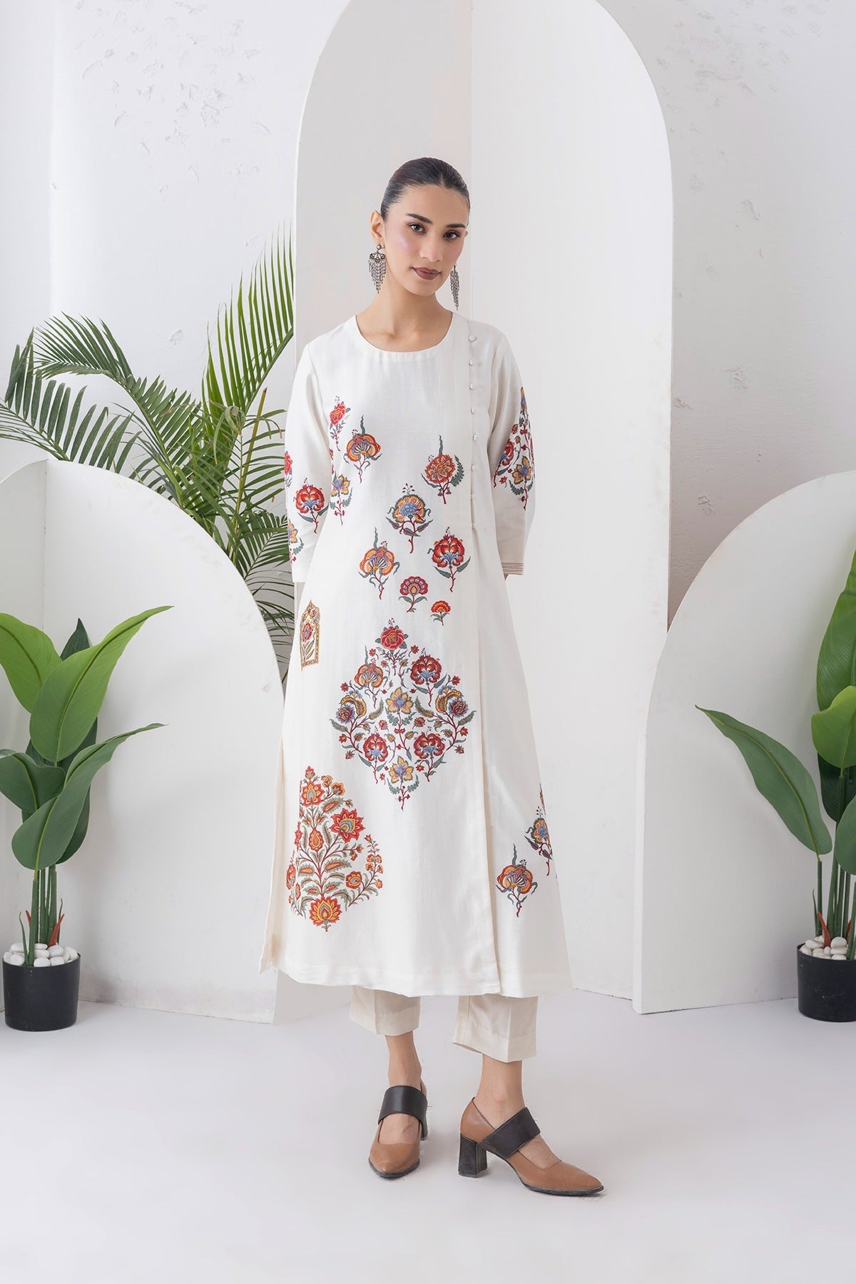 Ivory Silk Chanderi Printed Side Panel Dress Set (2 PCS)