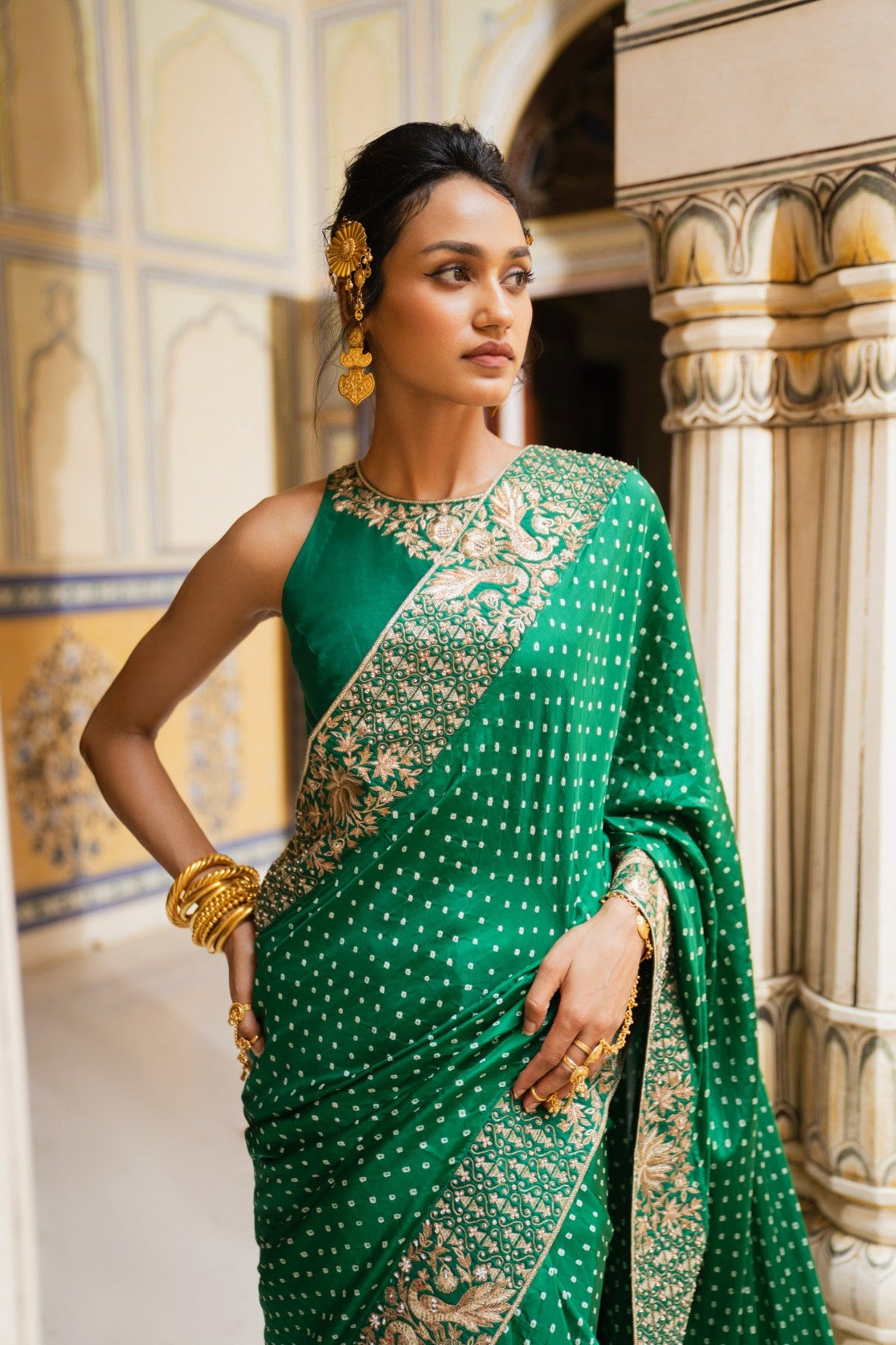 Peacock and lotus bandhni saree
