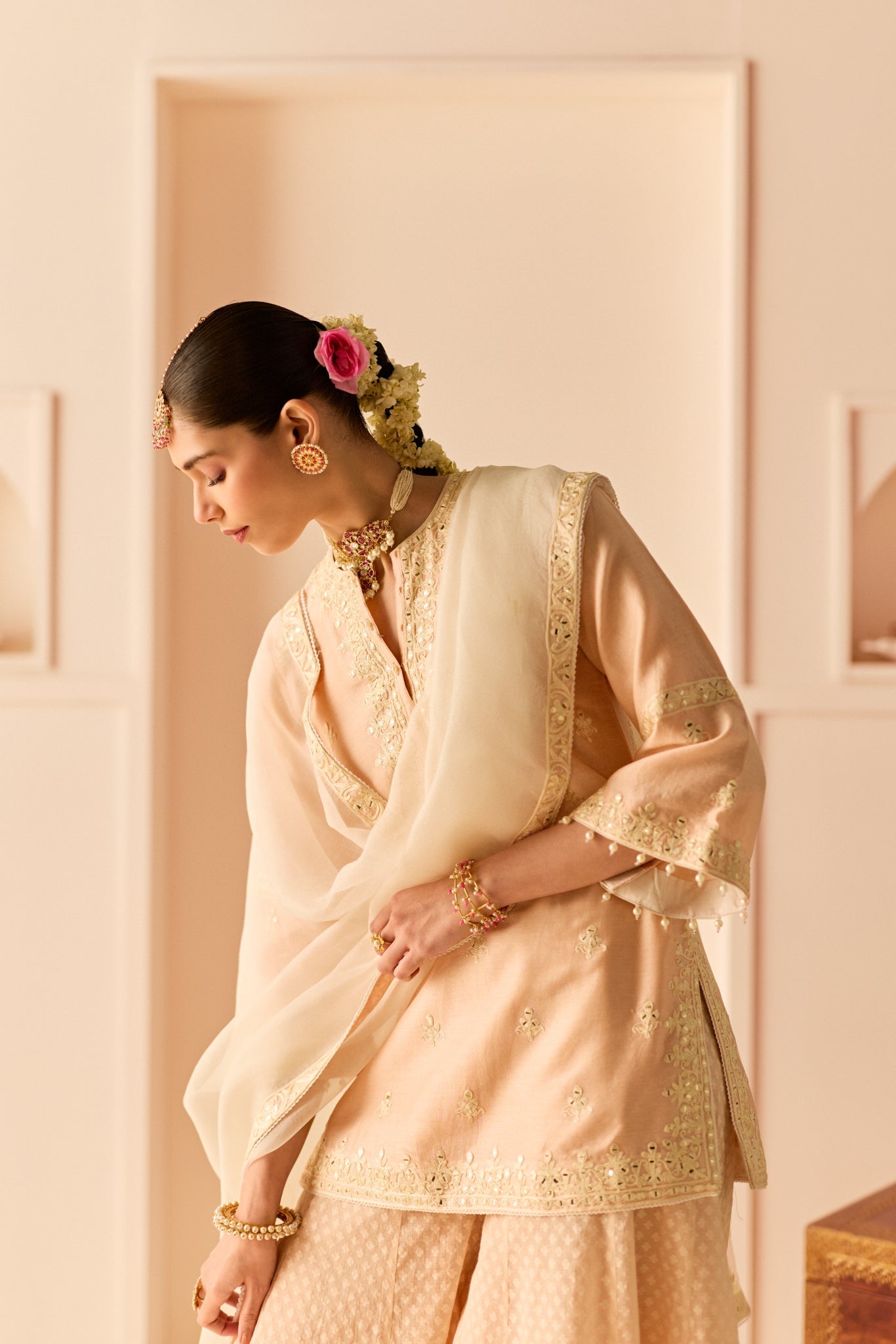 REHMA - CARNATION PINK SHORT KURTA WITH SHARARA AND DUPATTA