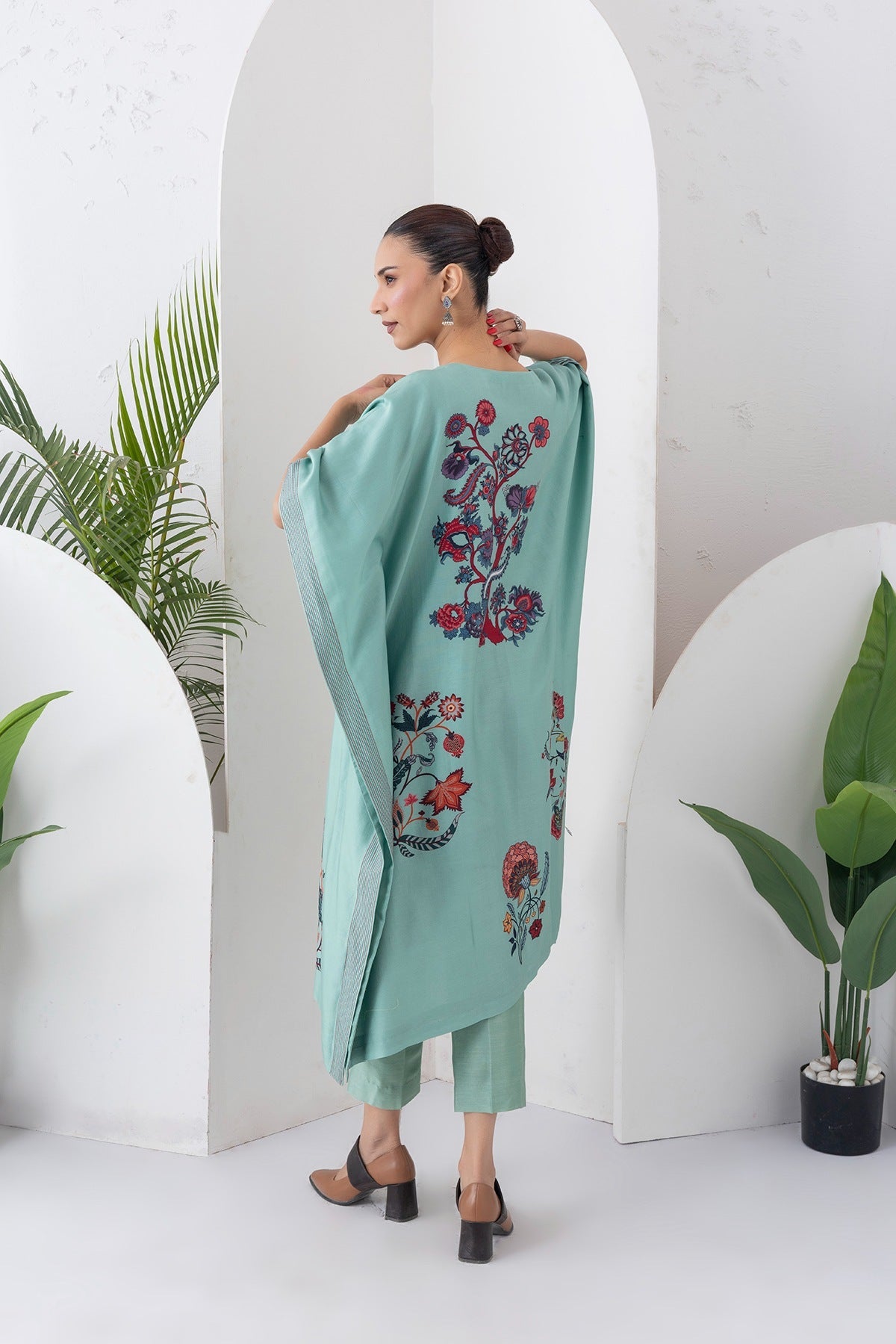 Mint Silk Chanderi Chintz Printed Kaftan Set (2 PCS)