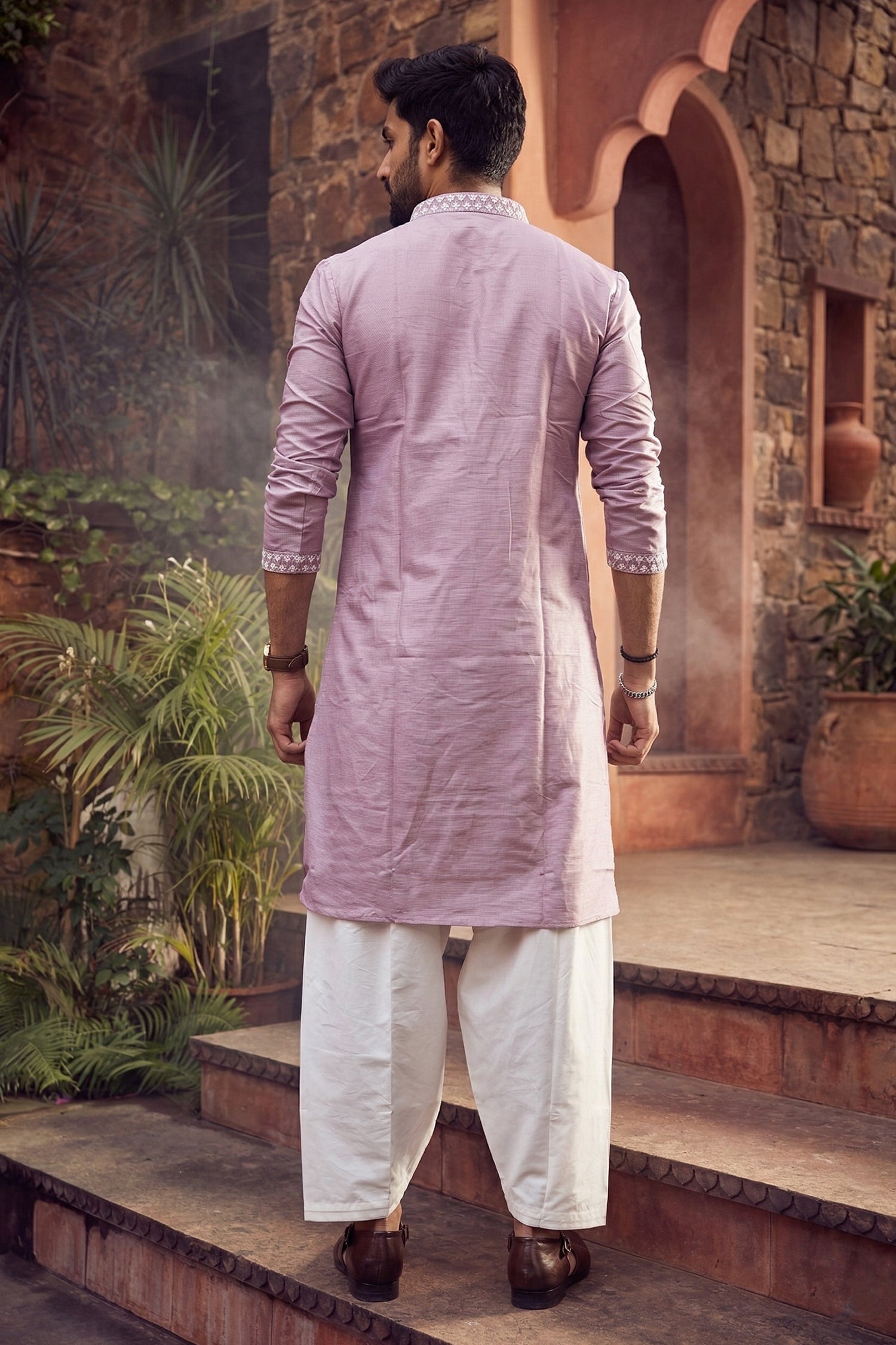 Men's Silk Cream Designer Printed Kurta with payjama
