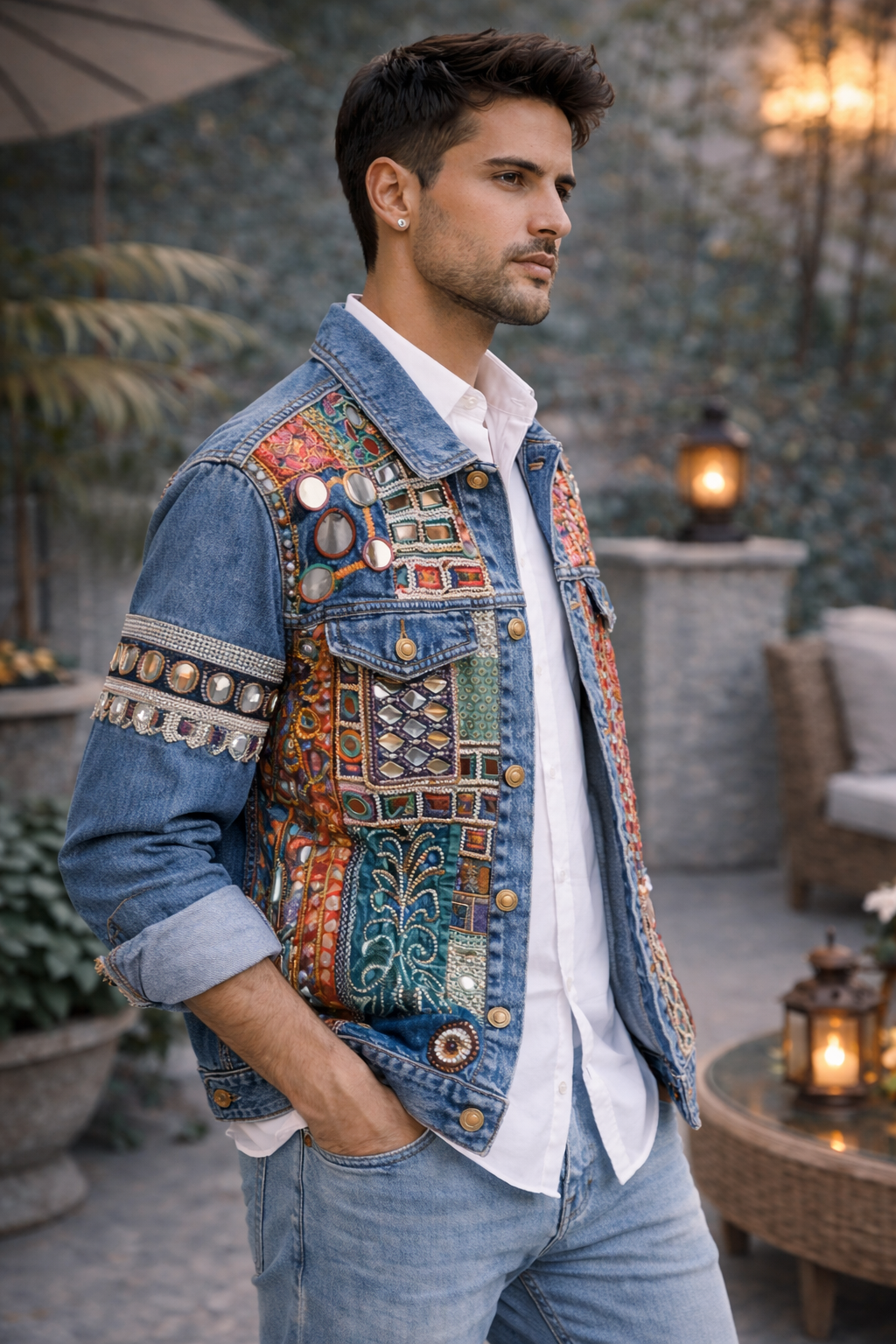 Roots & Mirrors Artisan Patchwork Denim Jacket - Luxury Statement Piece