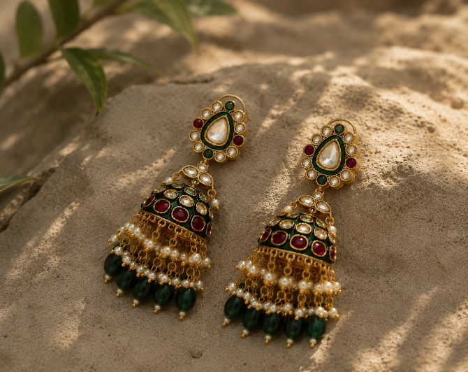 Meenakari Polki Jhumka Earring with Emerald Drops