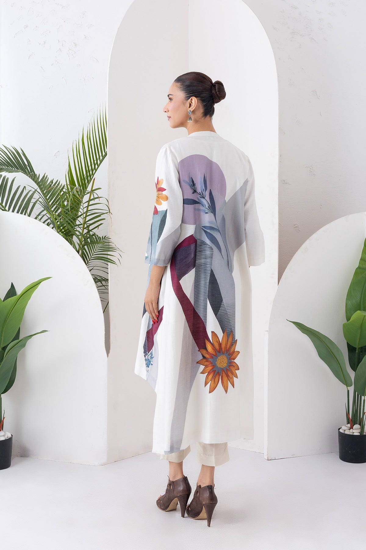 Ivory Silk Chanderi Printed High-Low Dress Set (3 PCS)