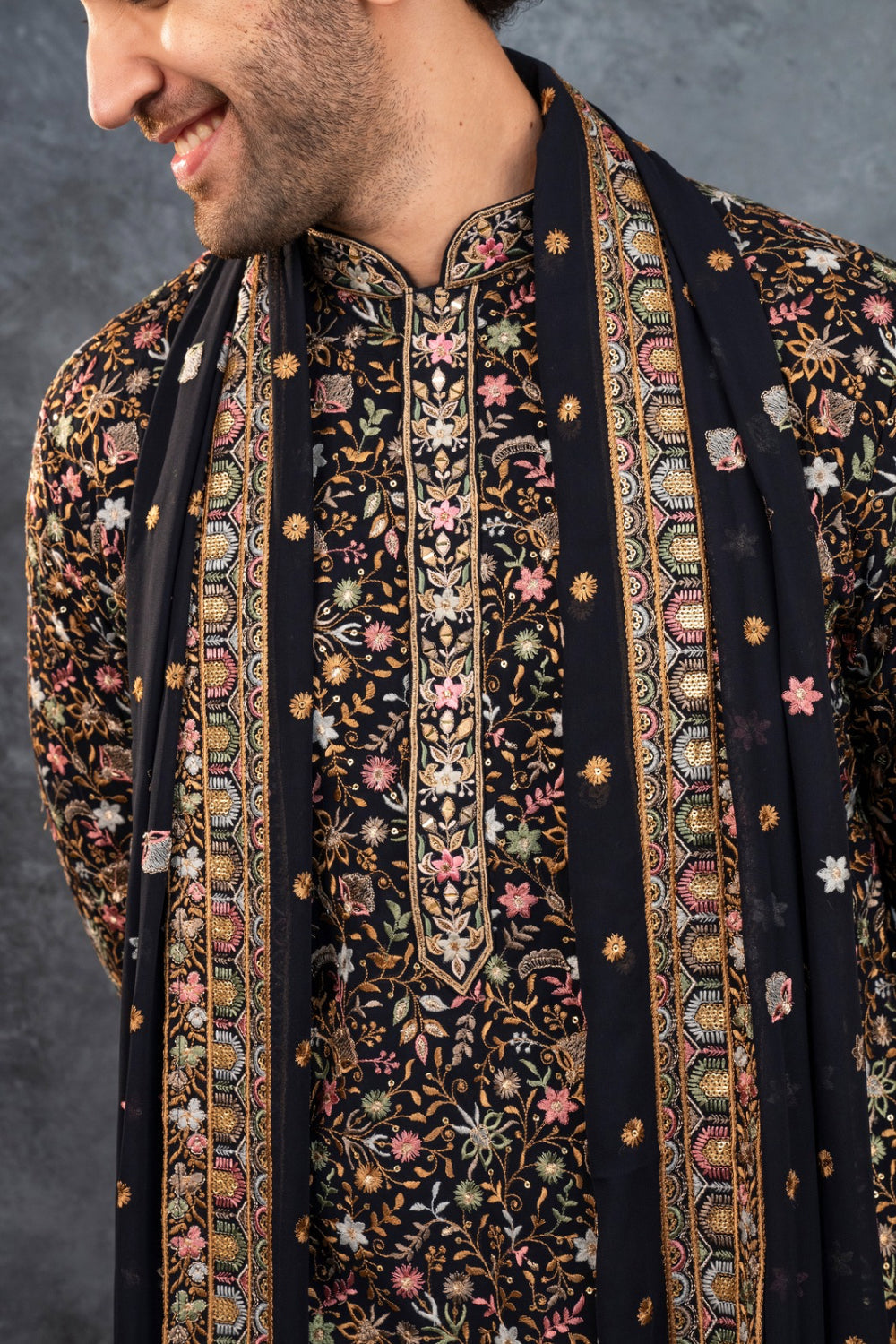 Black silk resham embroidered kurta set with sequins work