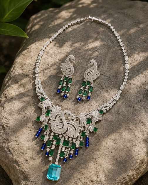 Emerald Sapphire Swan Diamond Statement Necklace Set