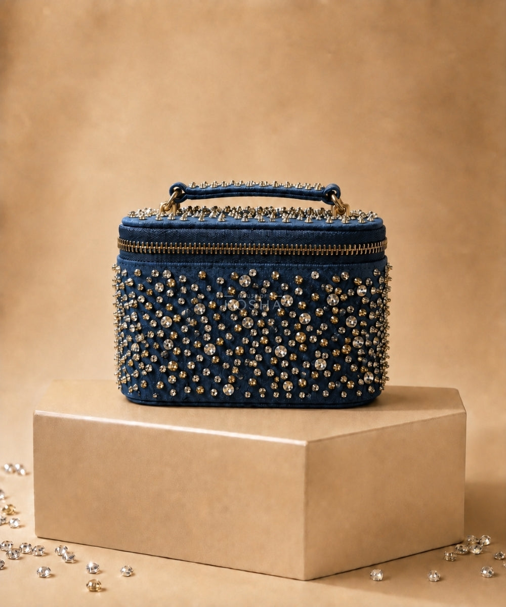 Inaya Gold & Silver Denim Embroidered Vanity Bag