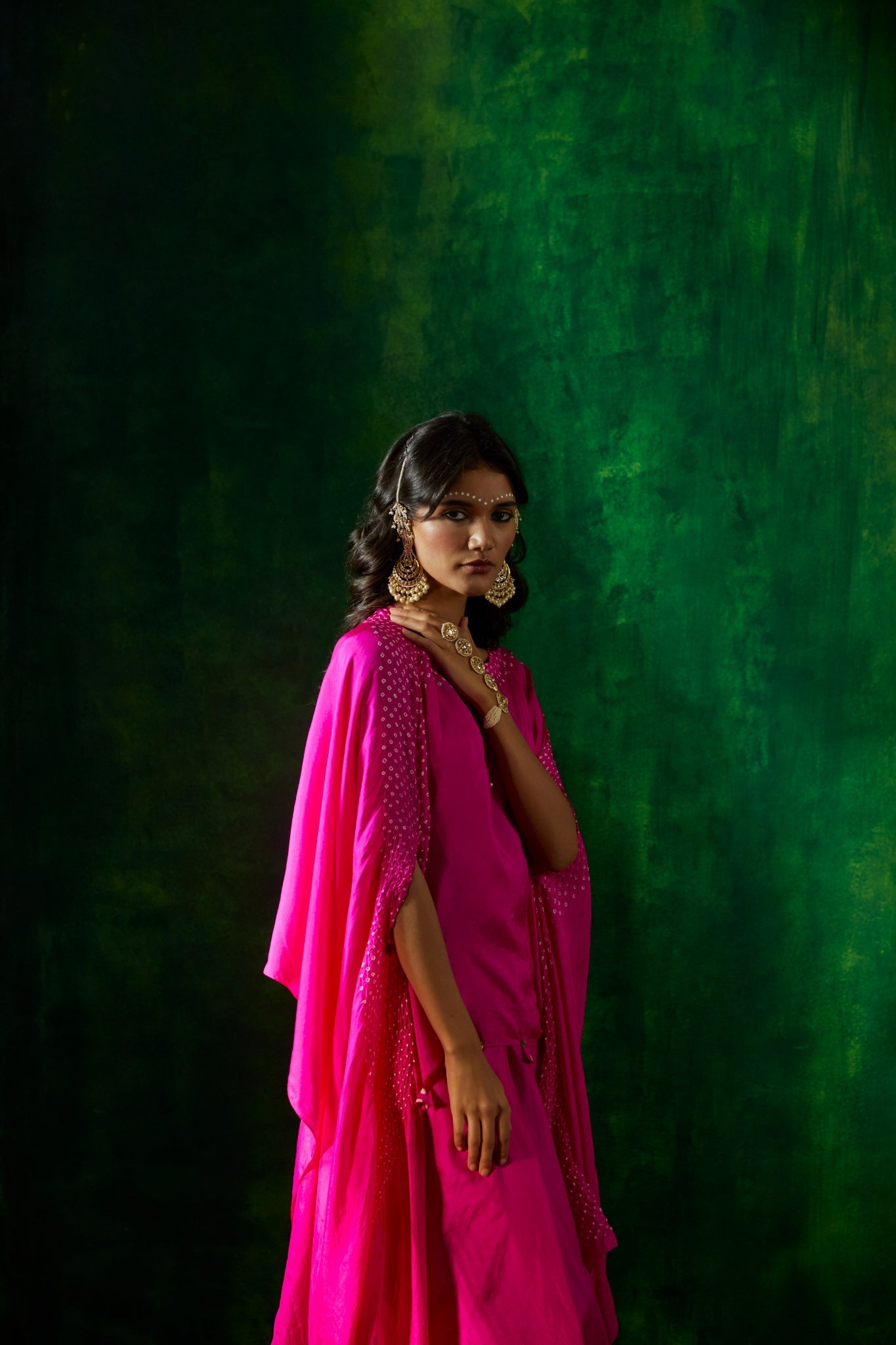 Bandhni asymmetrical cape with drape skirt