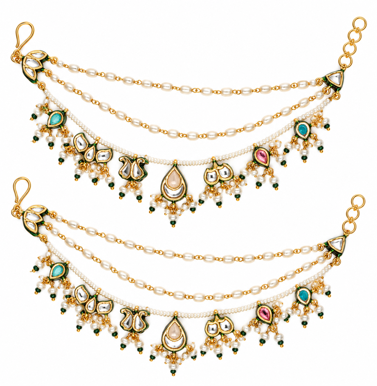 Pearl Kundan Motif Layered Kaan Chain Pair