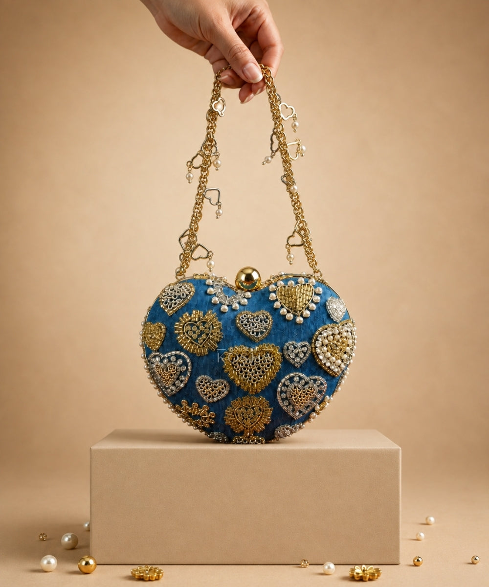 Alizeh Gold & Silver Denim Embroidered Heart Bag
