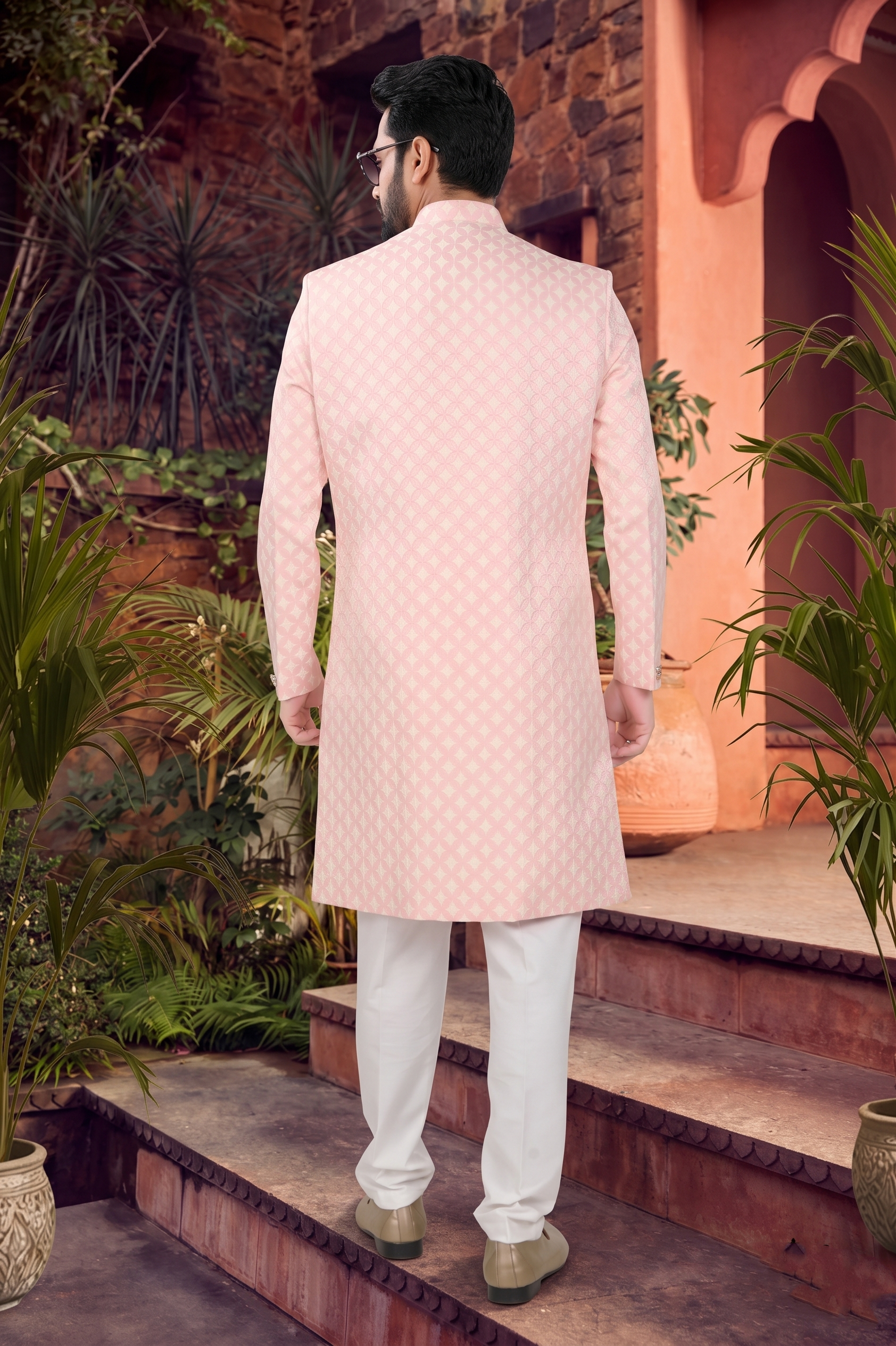 Men's WOVEN JACQUARD PINK  SEMI-INDO-WESTERN