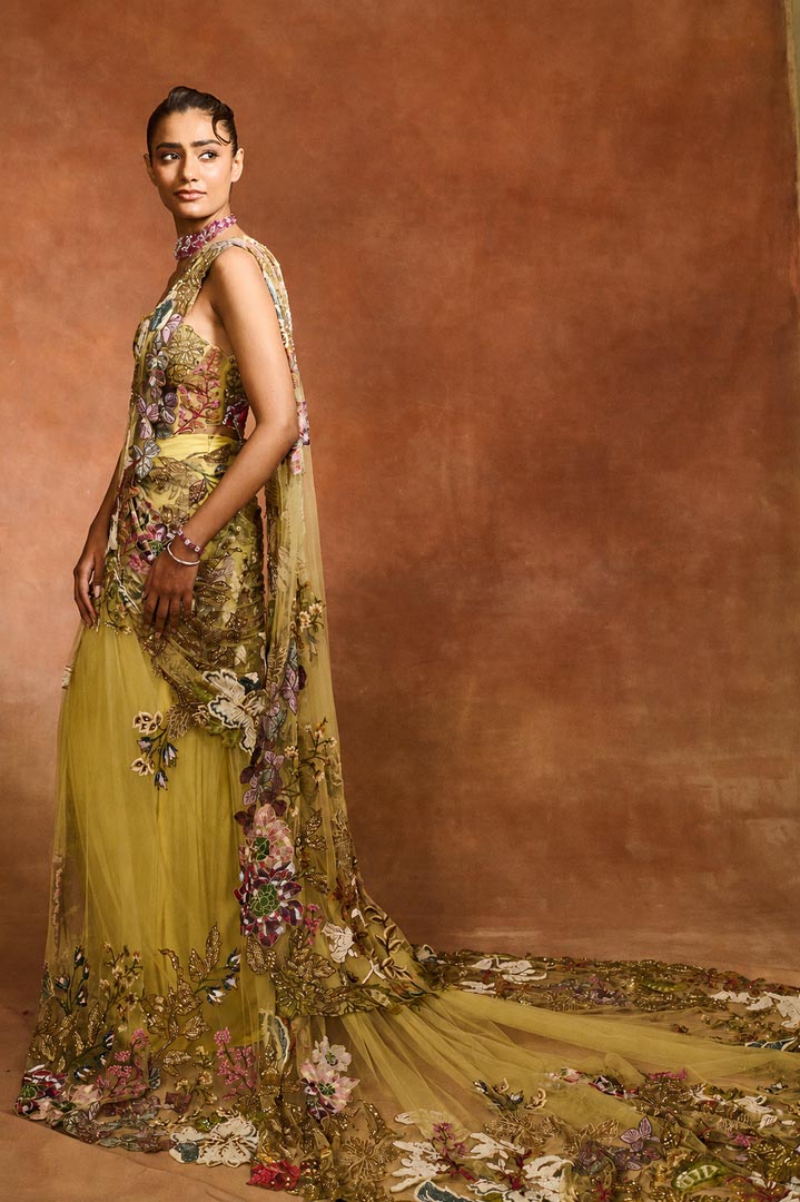 ETHEREAL BLOOM YELLOW TRAIL SAREE