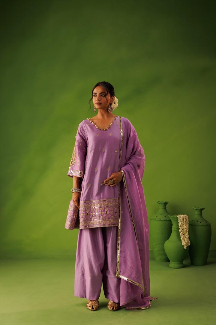 Purple A- line mirror work farshi salwar  set