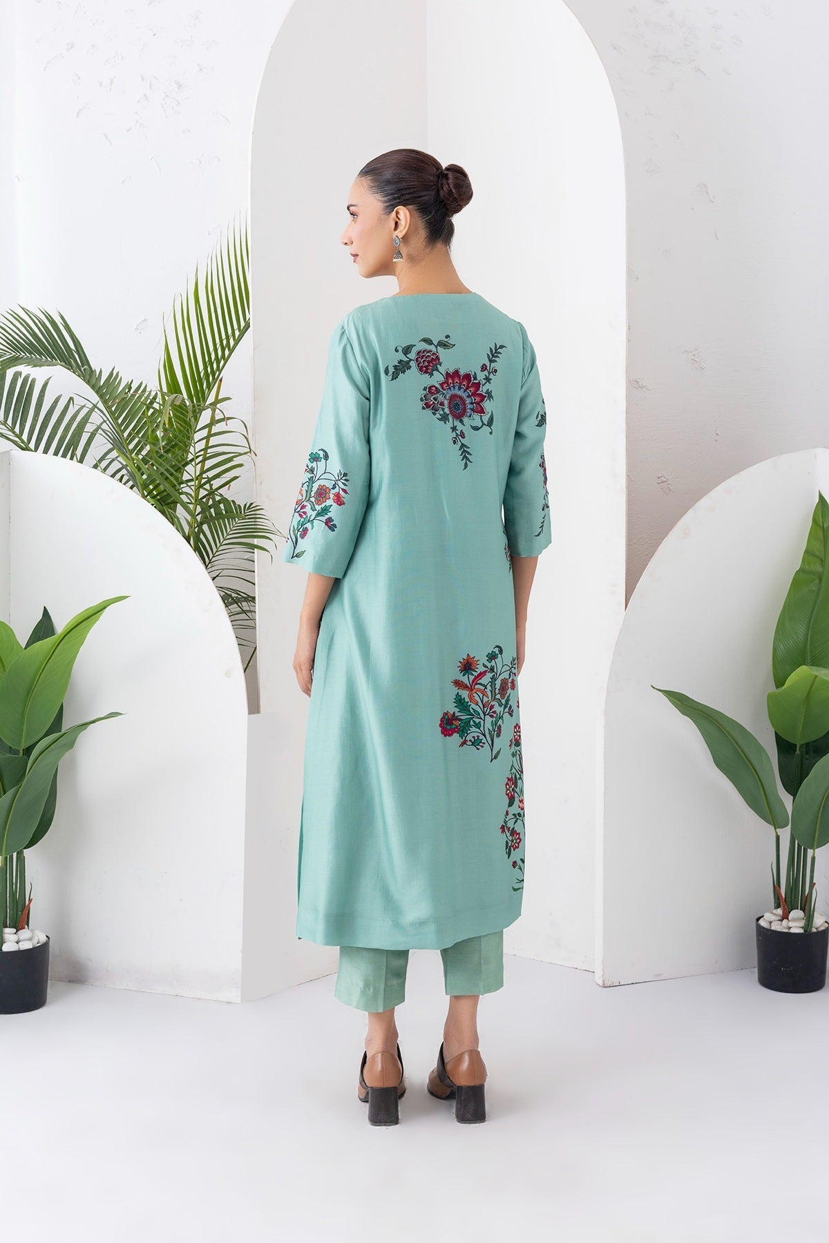 Mint Silk Chanderi Floral Boota Printed Dress Set (2 PCS)
