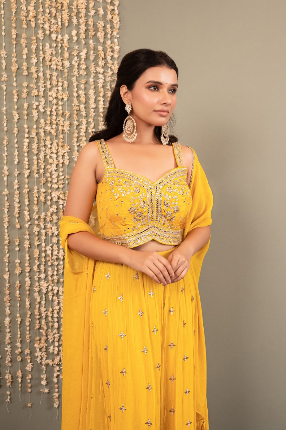 Yellow Indo western with machine and mirror work