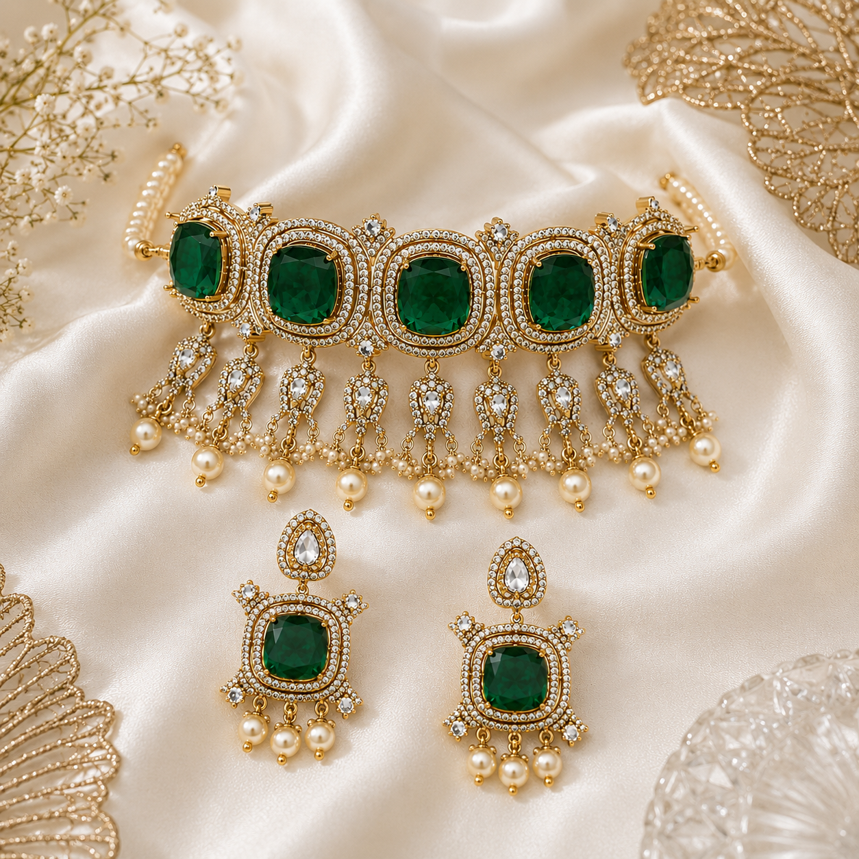 Emerald Green Moissanite Pearl Choker Set