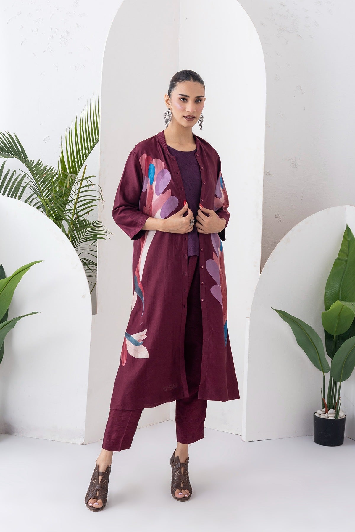 Chocolate Brown Silk Chanderi Printed Dress Set (3 PCS)