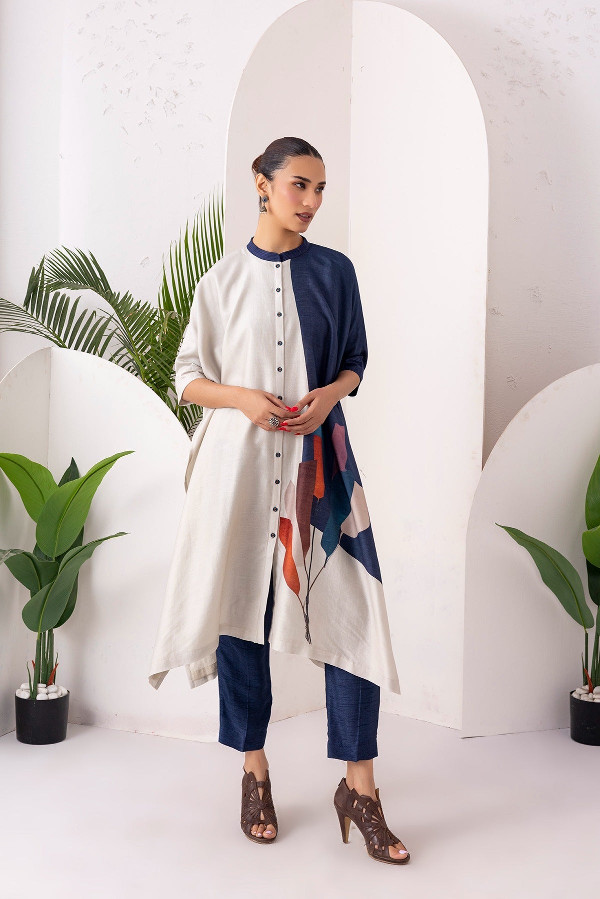 Blue & Ivory Silk Chanderi Printed Kaftan Style Dress Set (3 PCS)