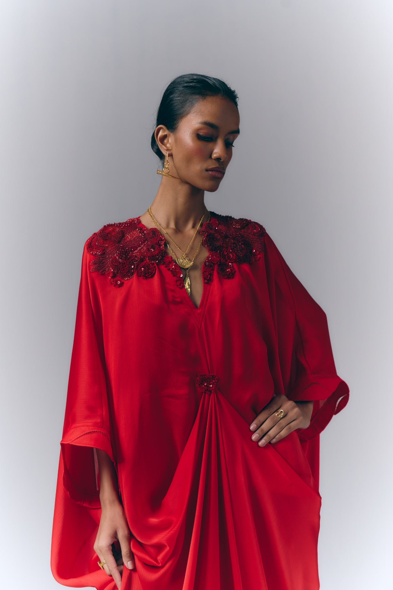 Crimson Draped Kaftan