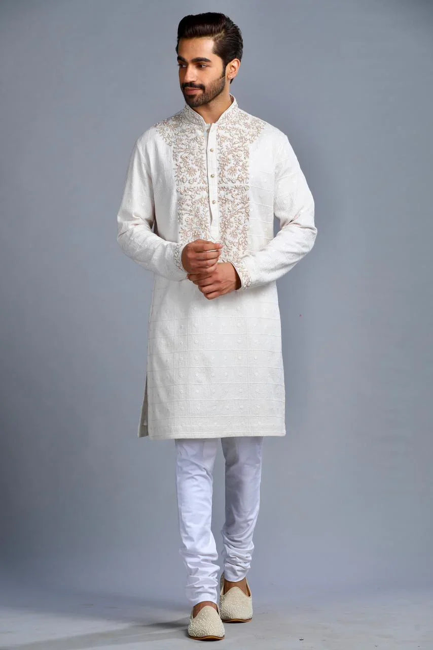 Ivory Cotton Embroidered Kurta